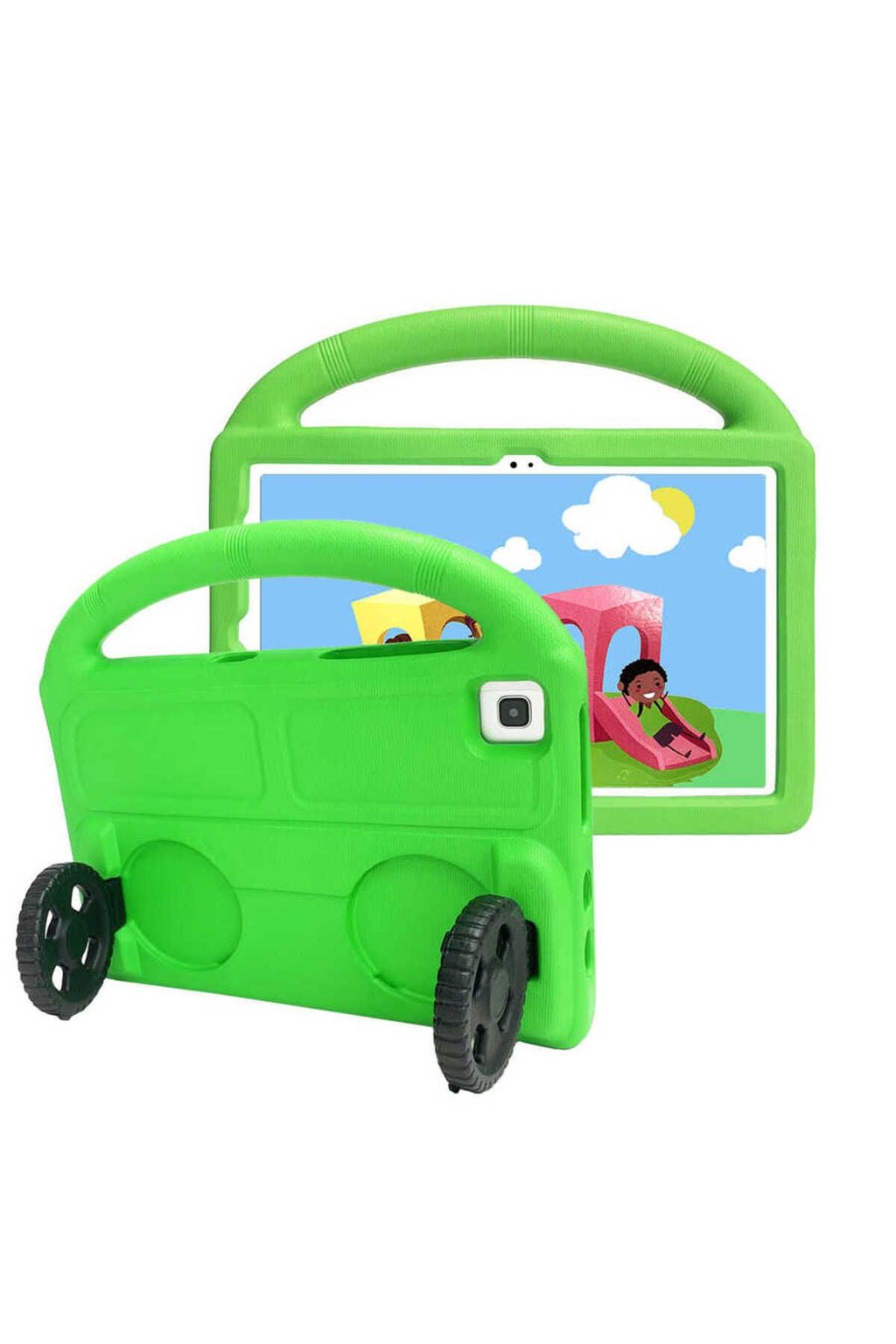 Galaxy T720 Tab S5E  Uyumlu Zore Wheel Car Tekerlek Standlı Tablet Eva Silikon Kılıf-Yeşil