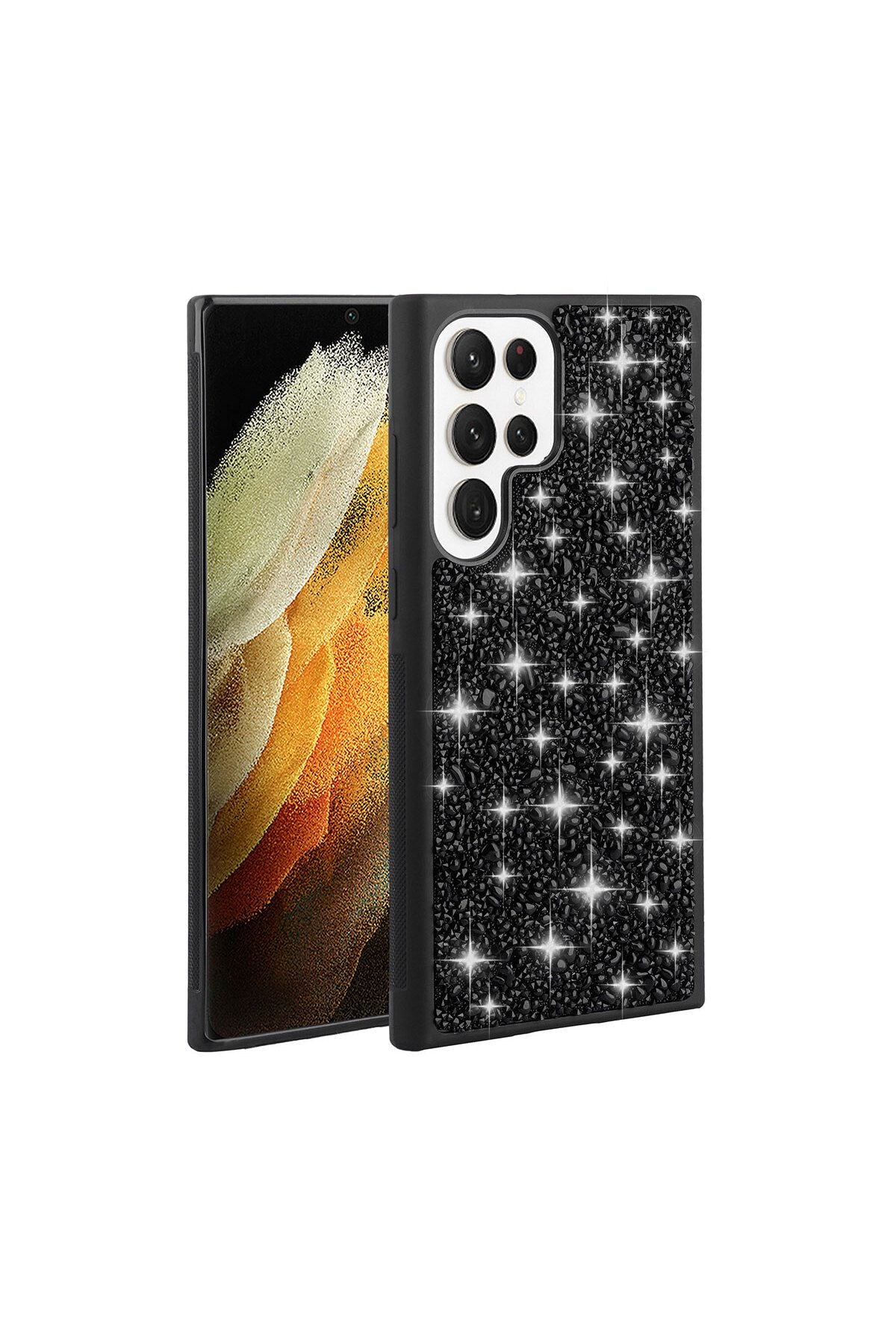 Galaxy S23 Ultra Uyumlu Parlak Taşlı Tasarım BRT Linea Kılıf-Pembe