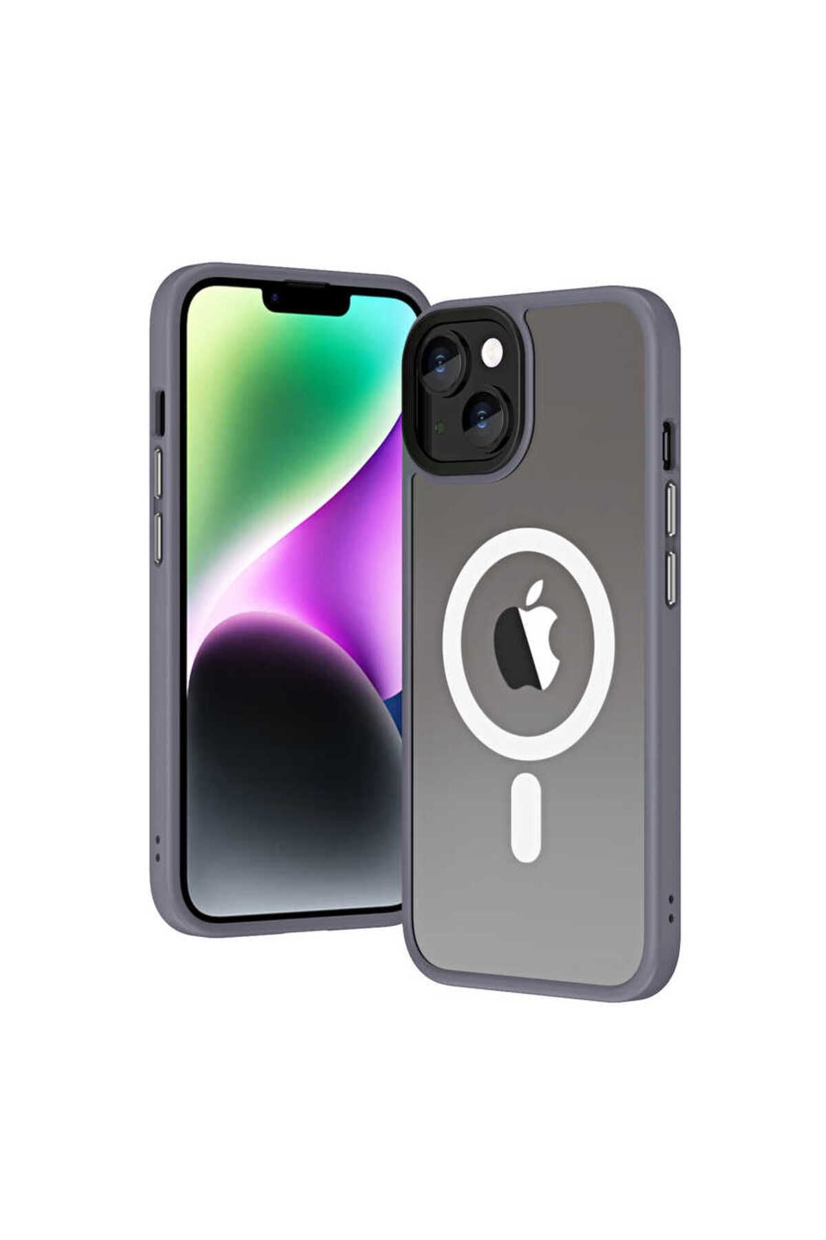 iPhone 14 Uyumlu Wireless Şarj Özellikli Zore Hibrit Magsafe Kılıf-Gri