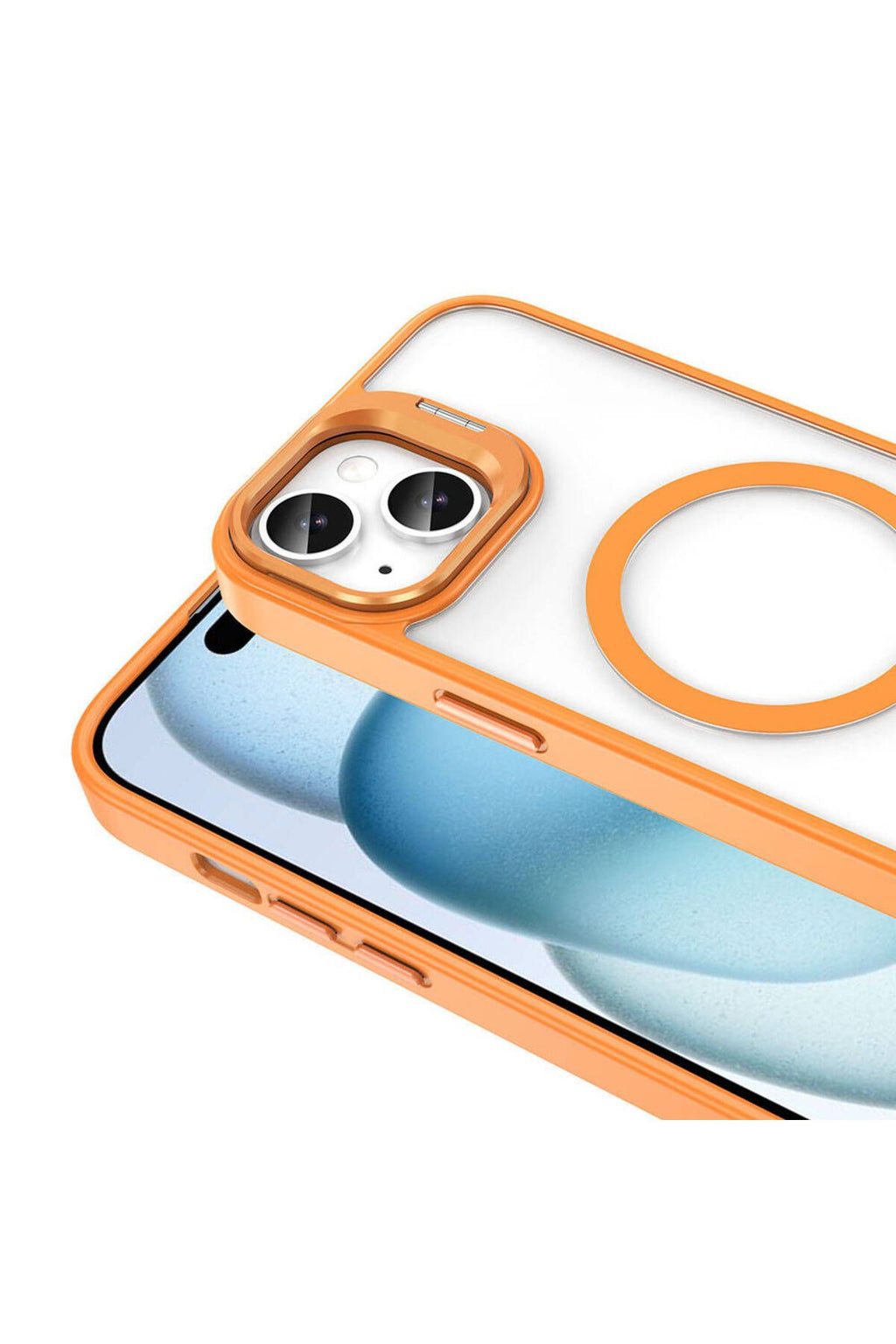 iPhone 14 Uyumlu BTZ Kılıf Magsafe Şarj Özellikli Standlı Zore Magsafe Klon Lensli Kapak-Turuncu