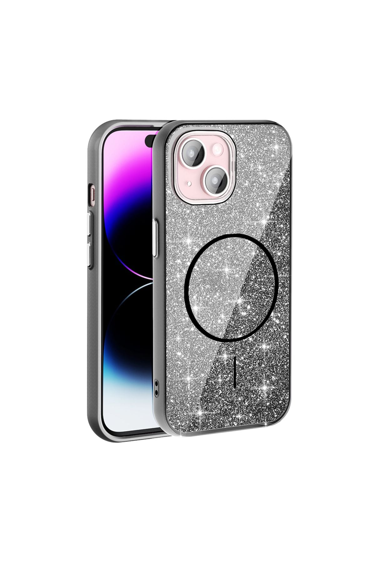 iPhone 15 Plus Kılıf Magsafe Şarj Özellikli Parlayan Simli Zore Okso Kapak - Gold