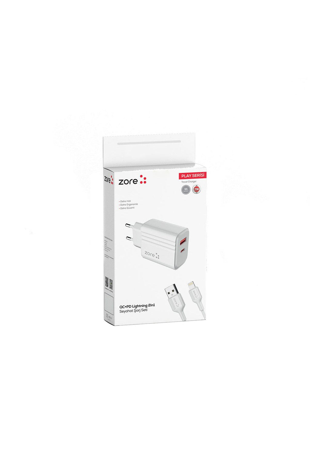 Beyaz Play Serisi PL3 Lightning 2in1 Seyahat Şarj Aleti 20W-Zore