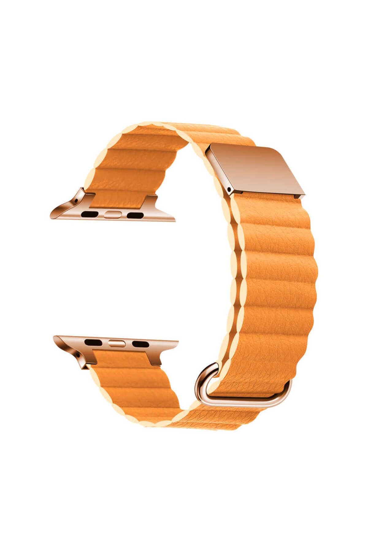 Watch Ultra 49mm Uyumlu KRD-78 PU Deri Kordon Strap Kayış CLO- Turuncu