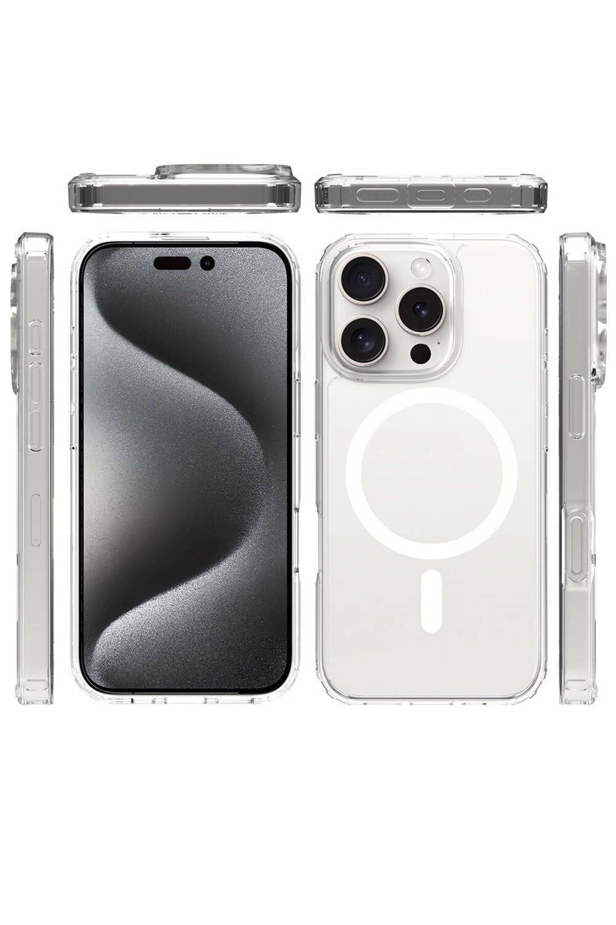 Apple iPhone 16 Pro Max Kılıf Magsafe Şarj Özellikli Şeffaf Sert PC Zore Embos Kapak-Şeffaf