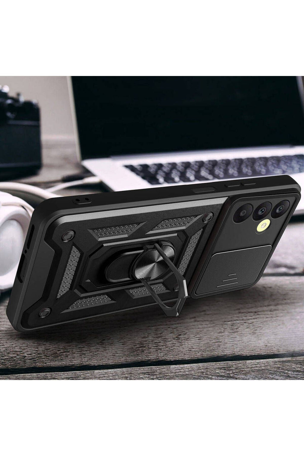 Galaxy A25 Kılıf Magnetik Standlı Kamera Korumalı Zore Sürgülü Vega Kapak - Siyah