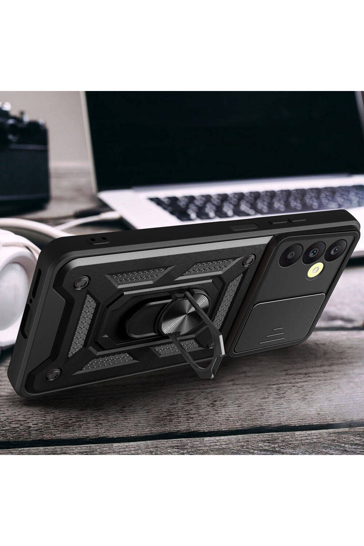Galaxy A25 Kılıf Magnetik Standlı Kamera Korumalı Zore Sürgülü Vega Kapak - Siyah