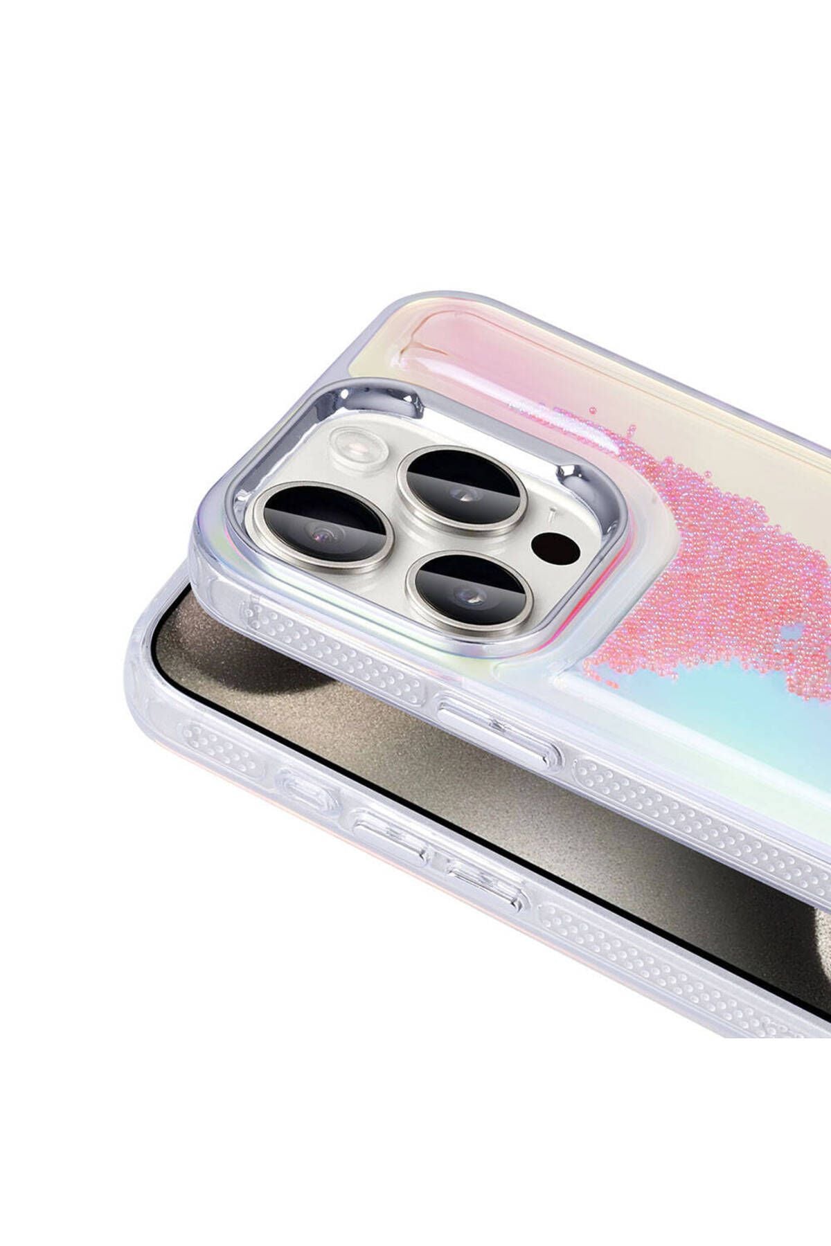 iPhone 15 Pro Kılıf Airbagli Renkli Arka Yüzey Boncuk Tasarımlı TKNR Kumul Kapak - Pembe