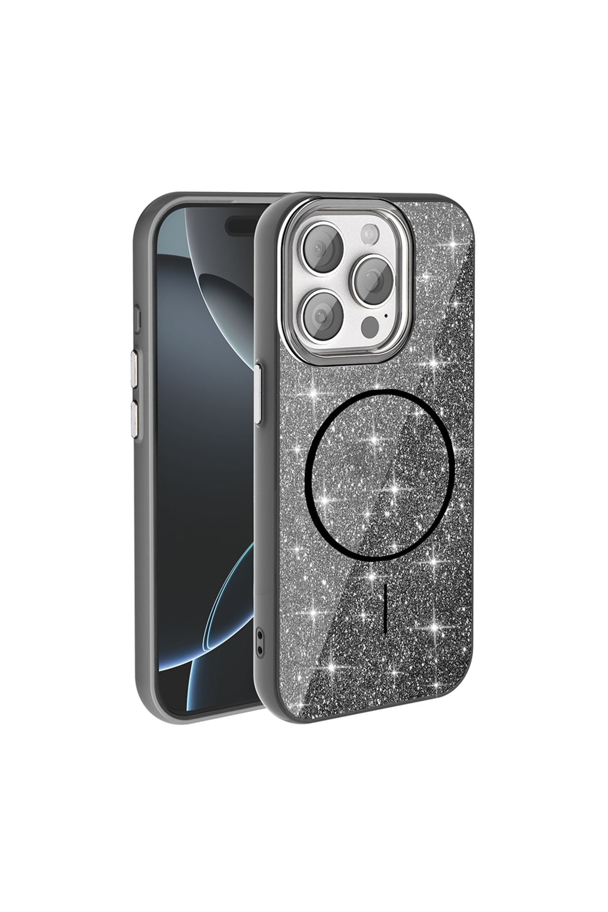 iPhone 15 Pro Max Kılıf Magsafe Şarj Özellikli Parlayan Simli Zore Okso Kapak - Pembe