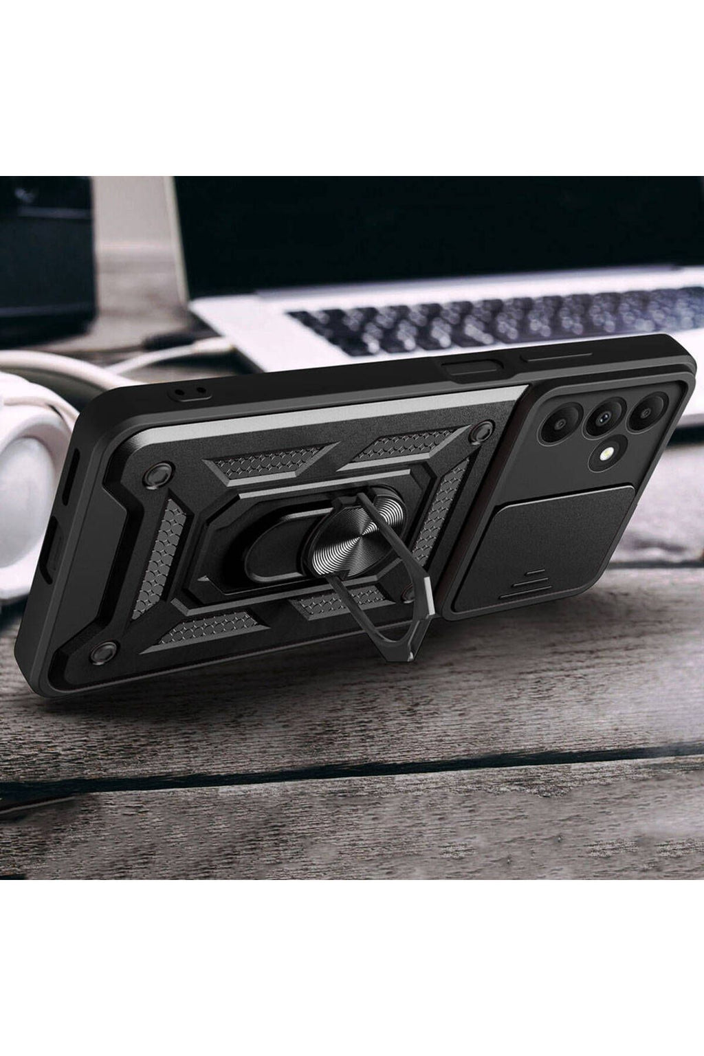 Galaxy A15 Kılıf Magnetik Standlı Kamera Korumalı Zore Sürgülü Vega Kapak - Siyah