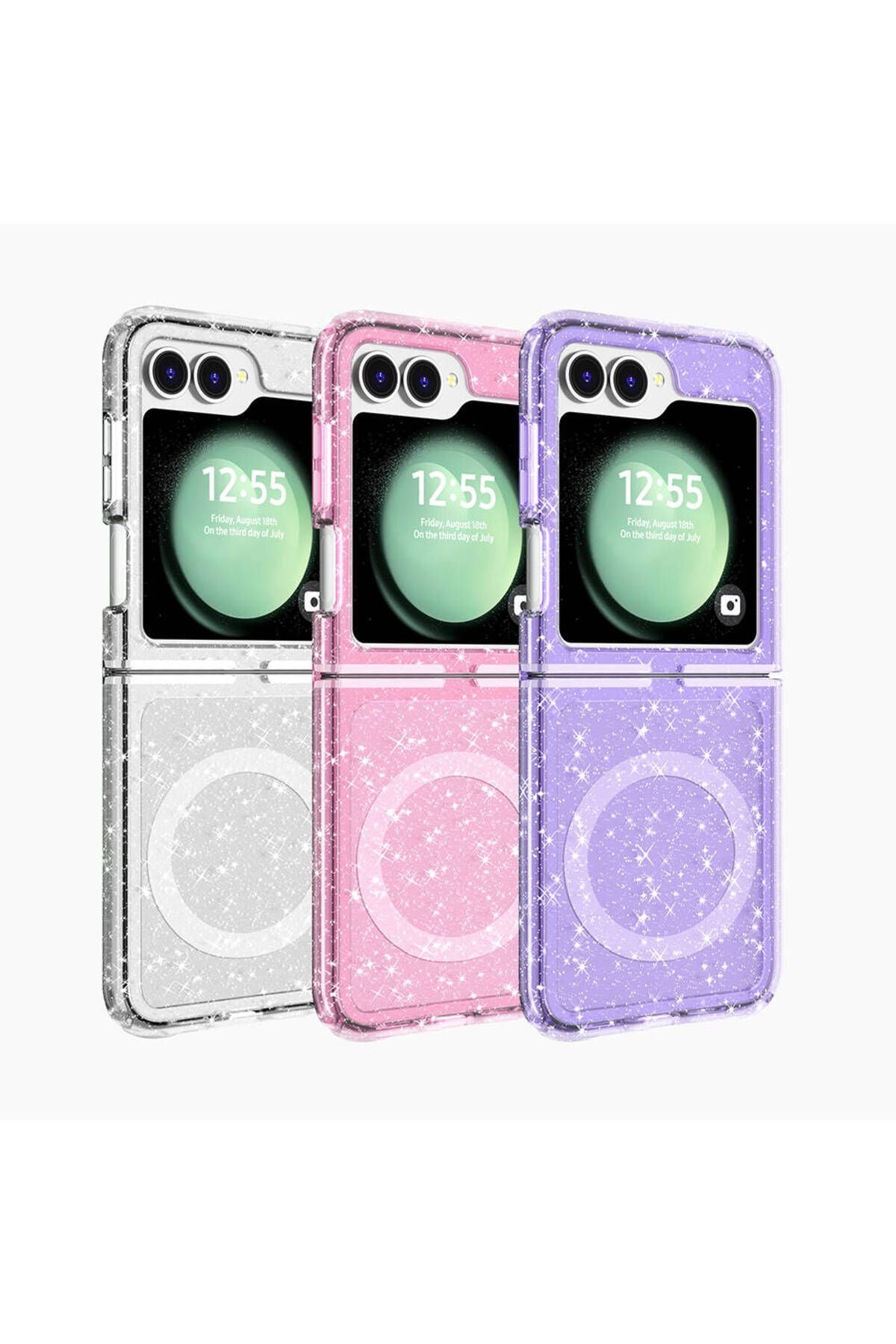 Galaxy Z Flip 6 Kılıf Magsafe Şarj Özellikli Parlayan Simli Saydam Renkli Zore Allstar Kapak - Pembe