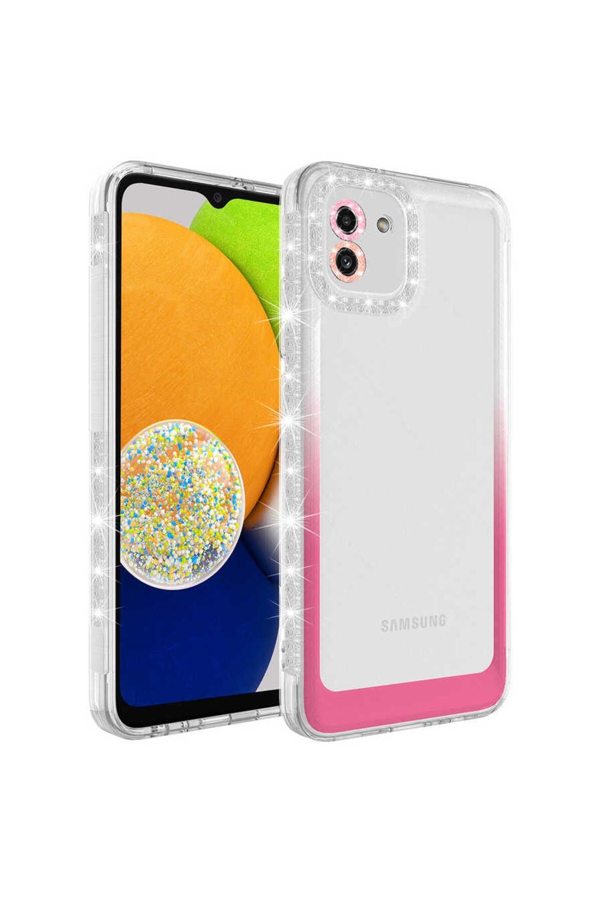 Galaxy A03 Kılıf Simli ve Renk Geçiş Tasarımlı Lens Korumalı SVL Park Kapak - Beyaz-Pembe
