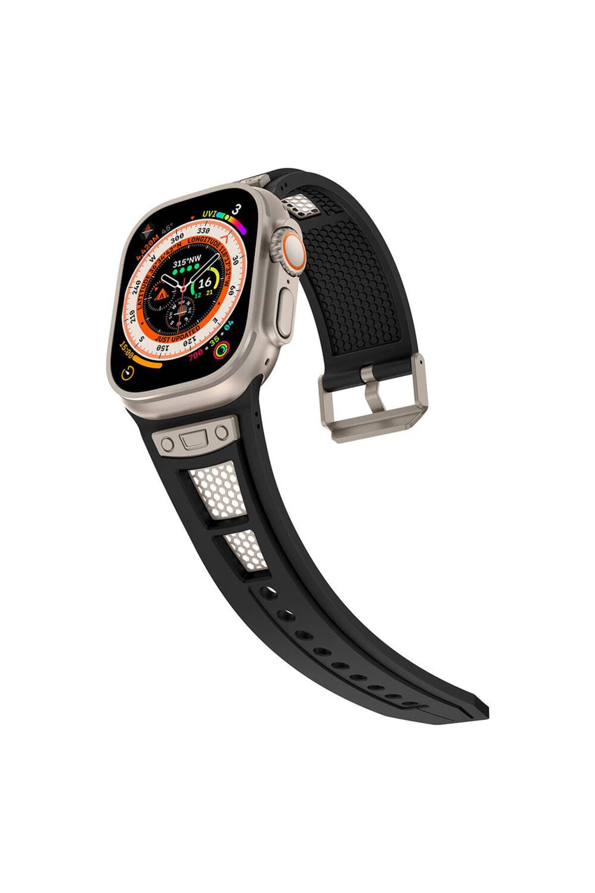 Watch Ultra 49mm Zore KRD-117 Hava Alabilen Delikli Metal Süslemeli Desenli Silikon Kordon-Tit