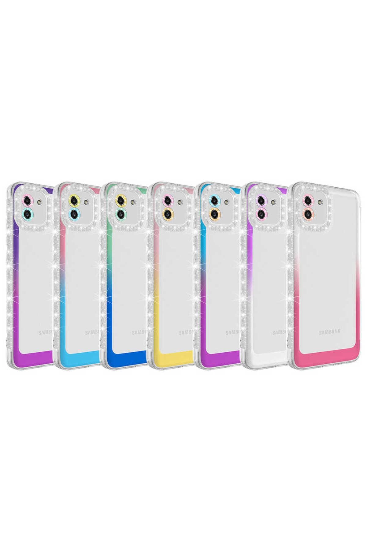 Galaxy A03 Kılıf Simli ve Renk Geçiş Tasarımlı Lens Korumalı SVL Park Kapak - Beyaz-Pembe