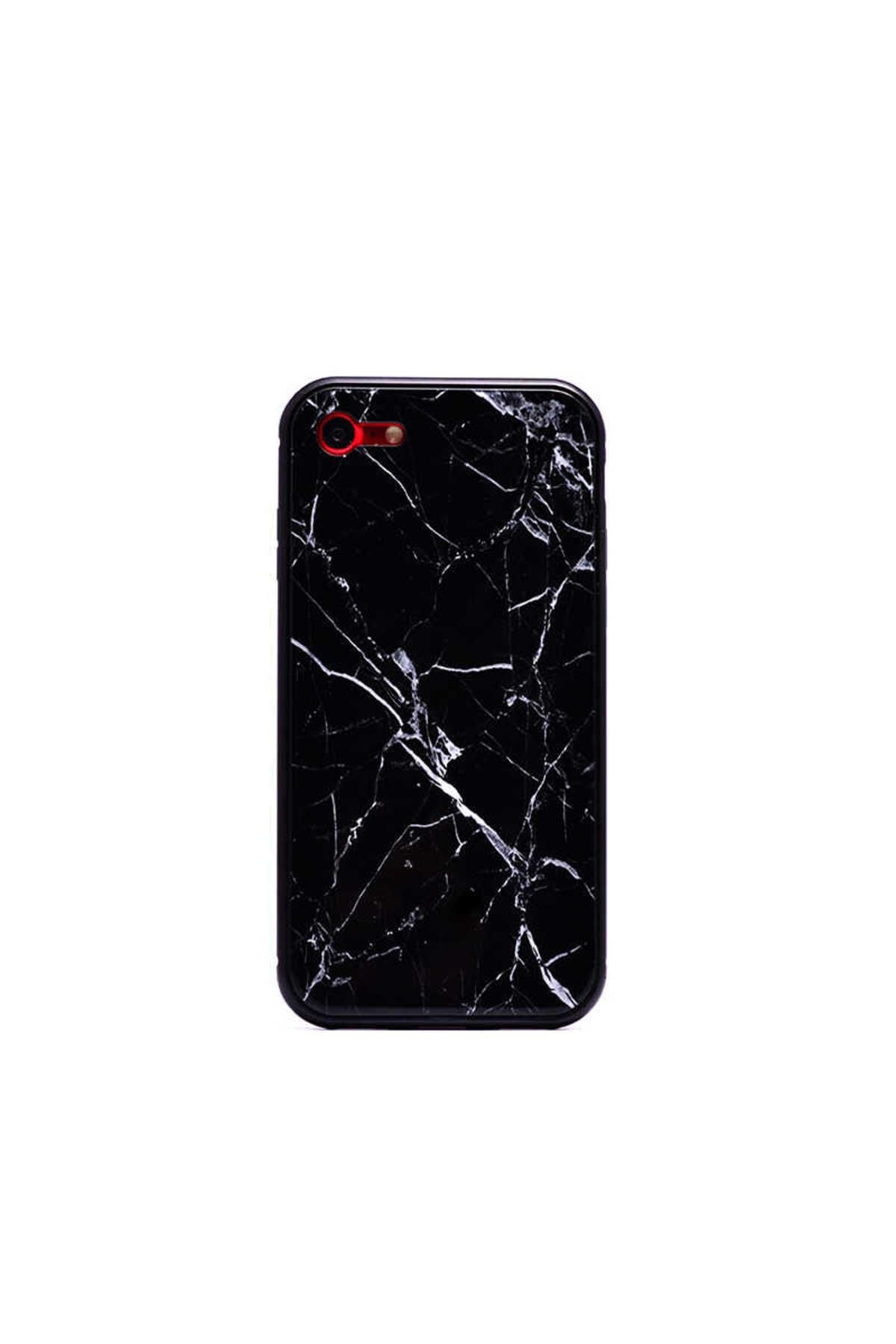 iPhone SE 2022 Uyumlu Zore Mermerli Devrim Cam Kılıf-Siyah