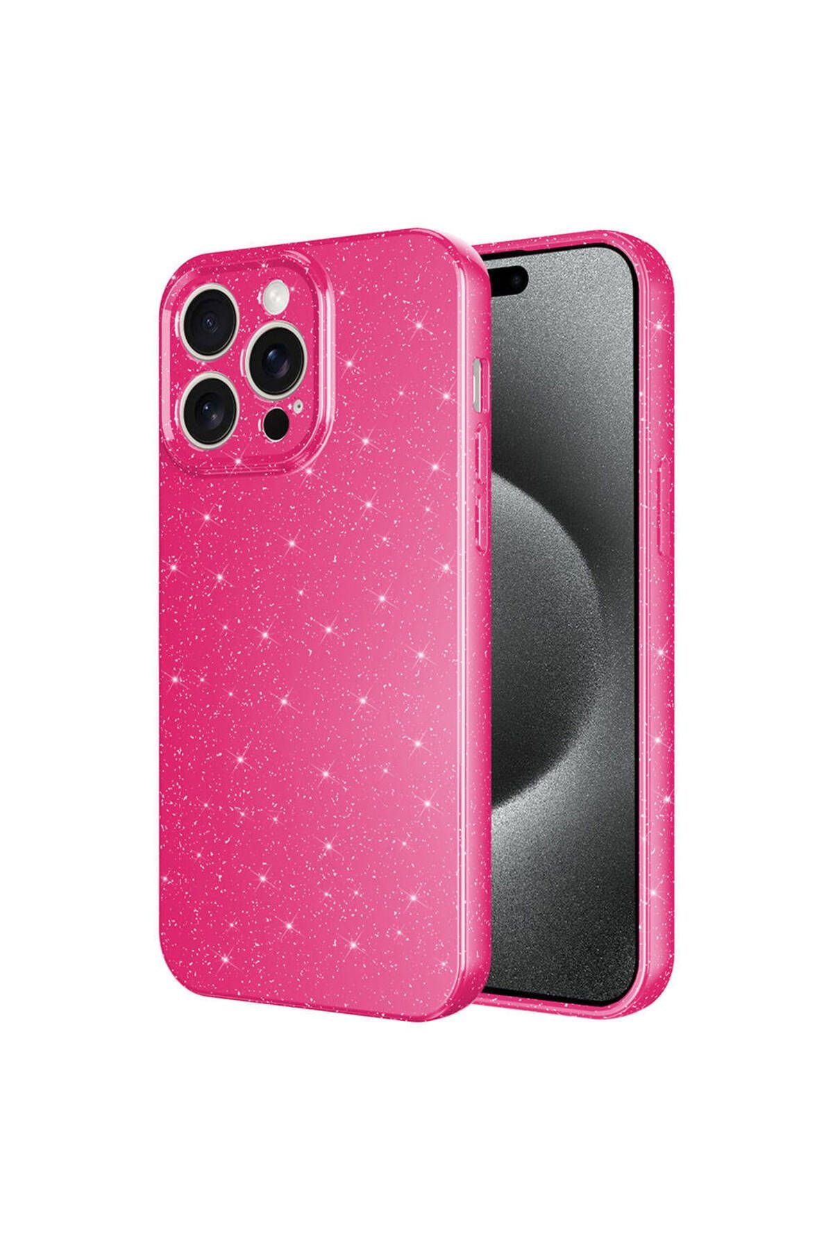 iPhone 15 Pro Uyumlu Kamera Korumalı Simli Lüks Zore Koton Kılıf-Pembe Koyu