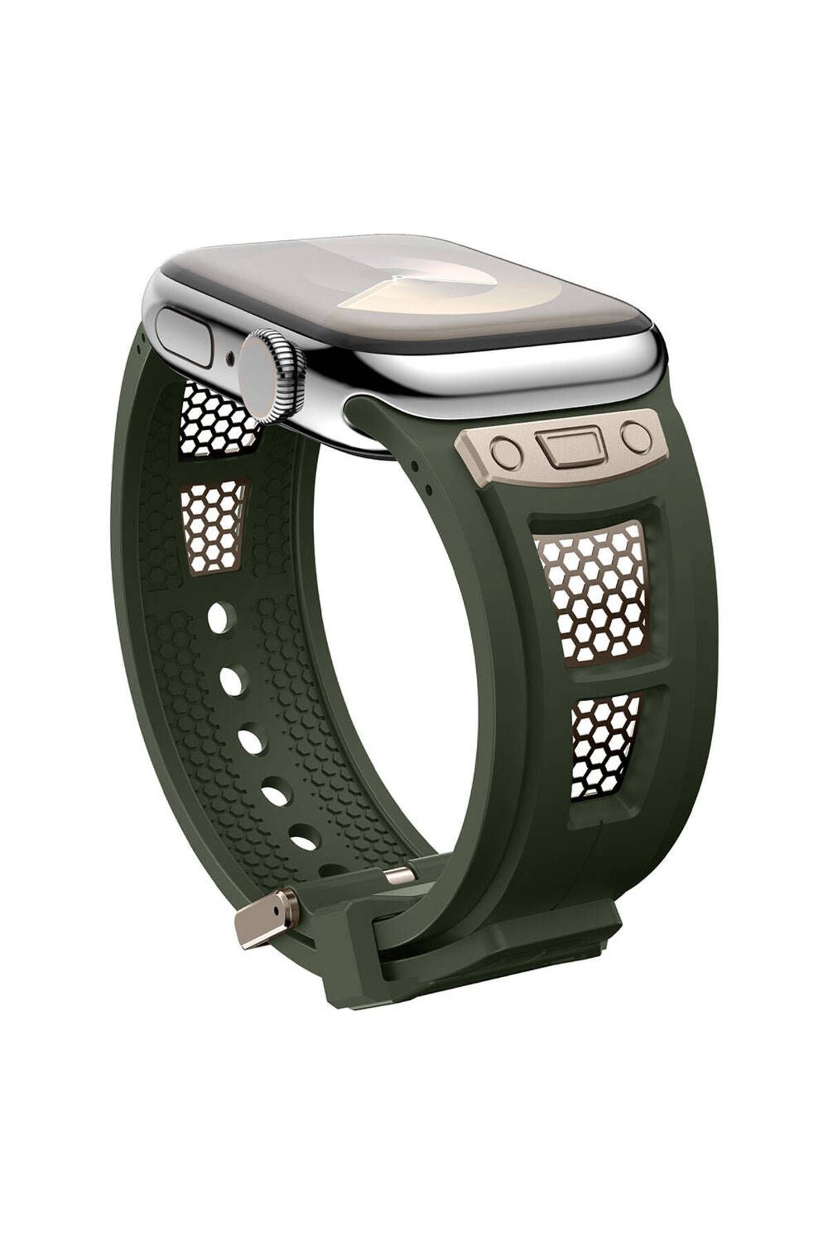 Apple Watch 44mm Zore KRD-117 Hava Alabilen Delikli Metal Süslemeli Desenli Silikon Kordon-Titanyum-