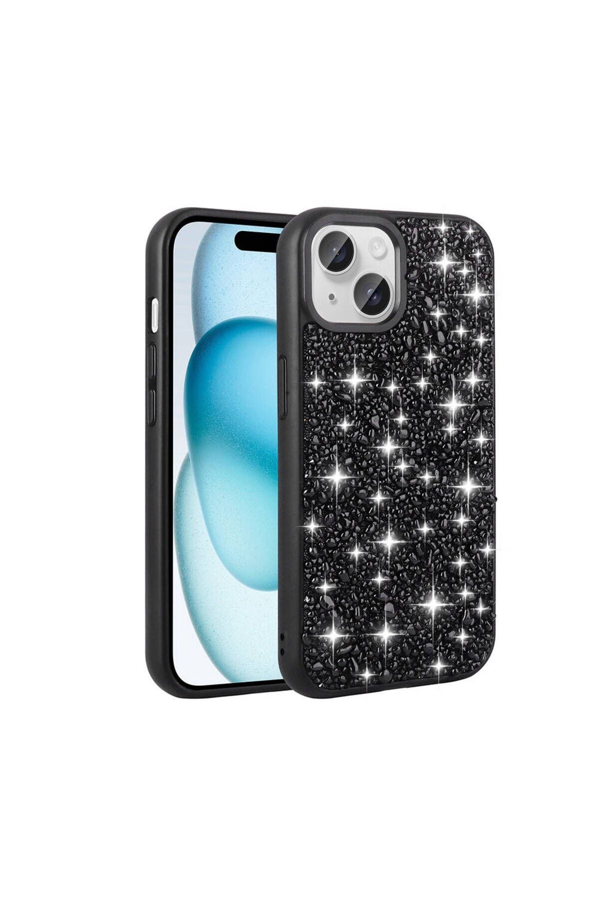 iPhone 15 Plus Kılıf Parlak Taşlı Tasarım Zore Linea Kapak - Siyah
