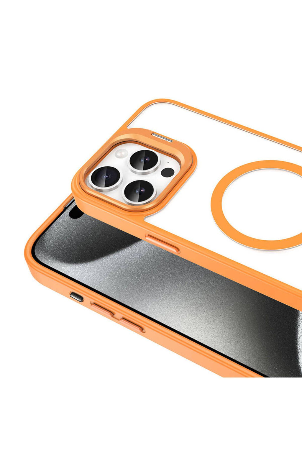 iPhone 15 Pro Kılıf Magsafe Şarj Özellikli Standlı Zore Magsafe Klon Lensli Kapak - Turuncu