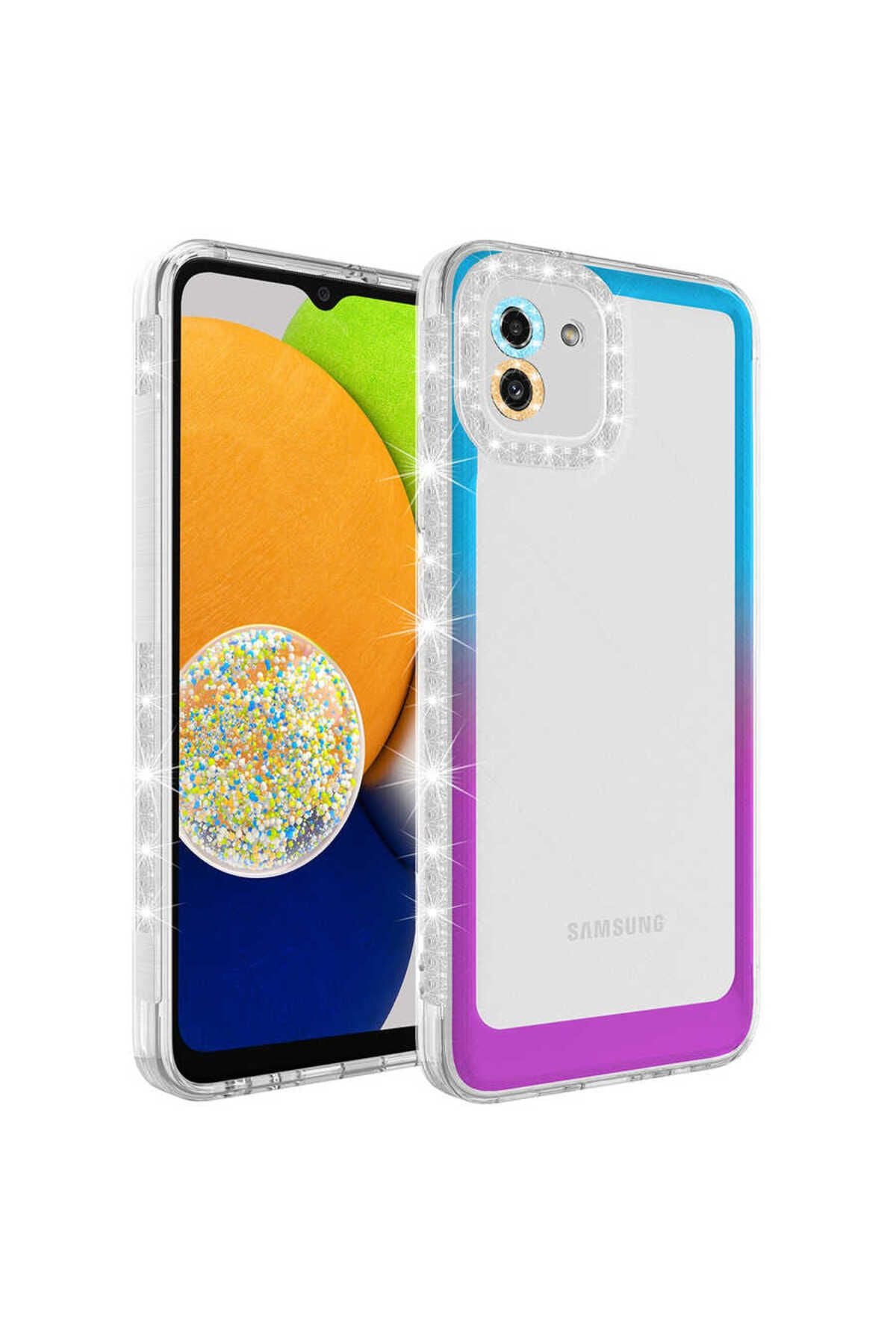 Galaxy A03 Kılıf Simli ve Renk Geçiş Tasarımlı Lens Korumalı AKAV Park Kapak - Mor-Pembe