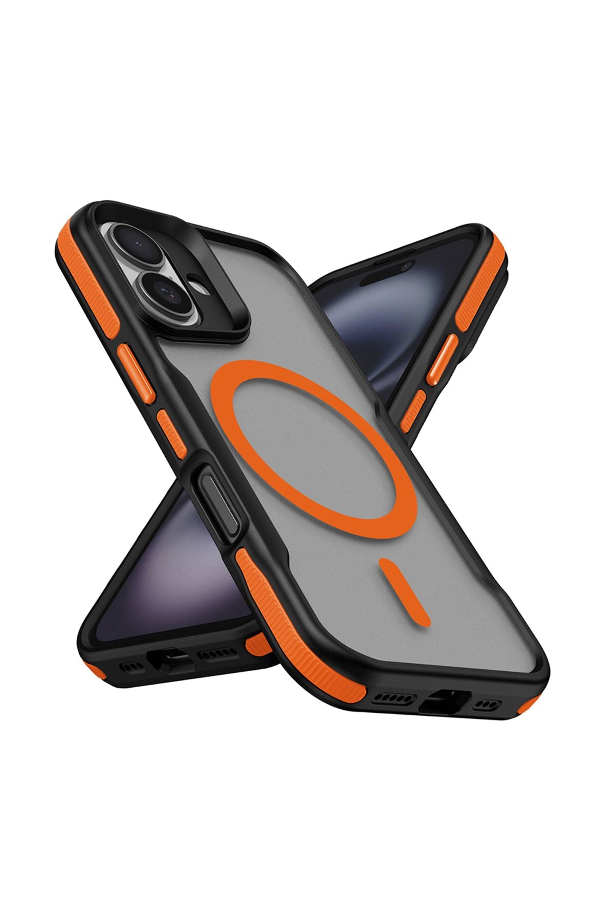 iPhone 16 Plus Uyumlu Magsafe Şarj Özellikli Renkli Kenar Airbag Şeritli Zore Lamer Kapak-Turuncu