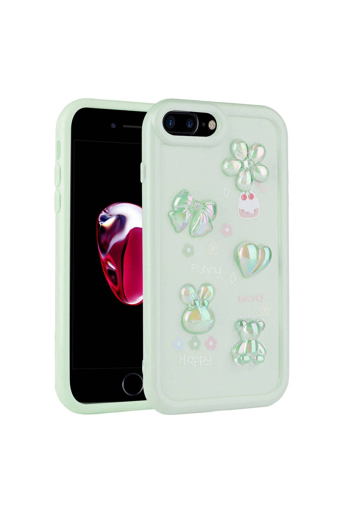 iPhone 8 Plus Kılıf Kabartma Figürlü Parlak WNX Toys Silikon Kapak - Açık Yeşil