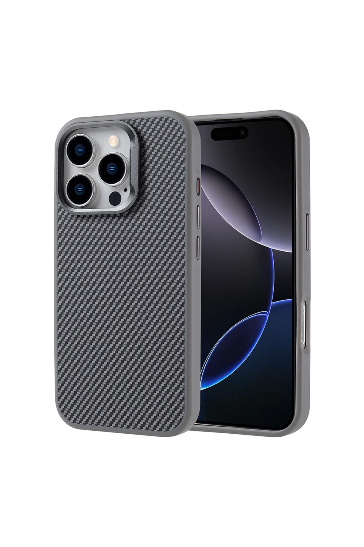 iPhone 16 Pro Max Kılıf Magsafe Şarj Özellikli Karbon Fiber Görünümlü Zore Troy Kapak - Gümüş