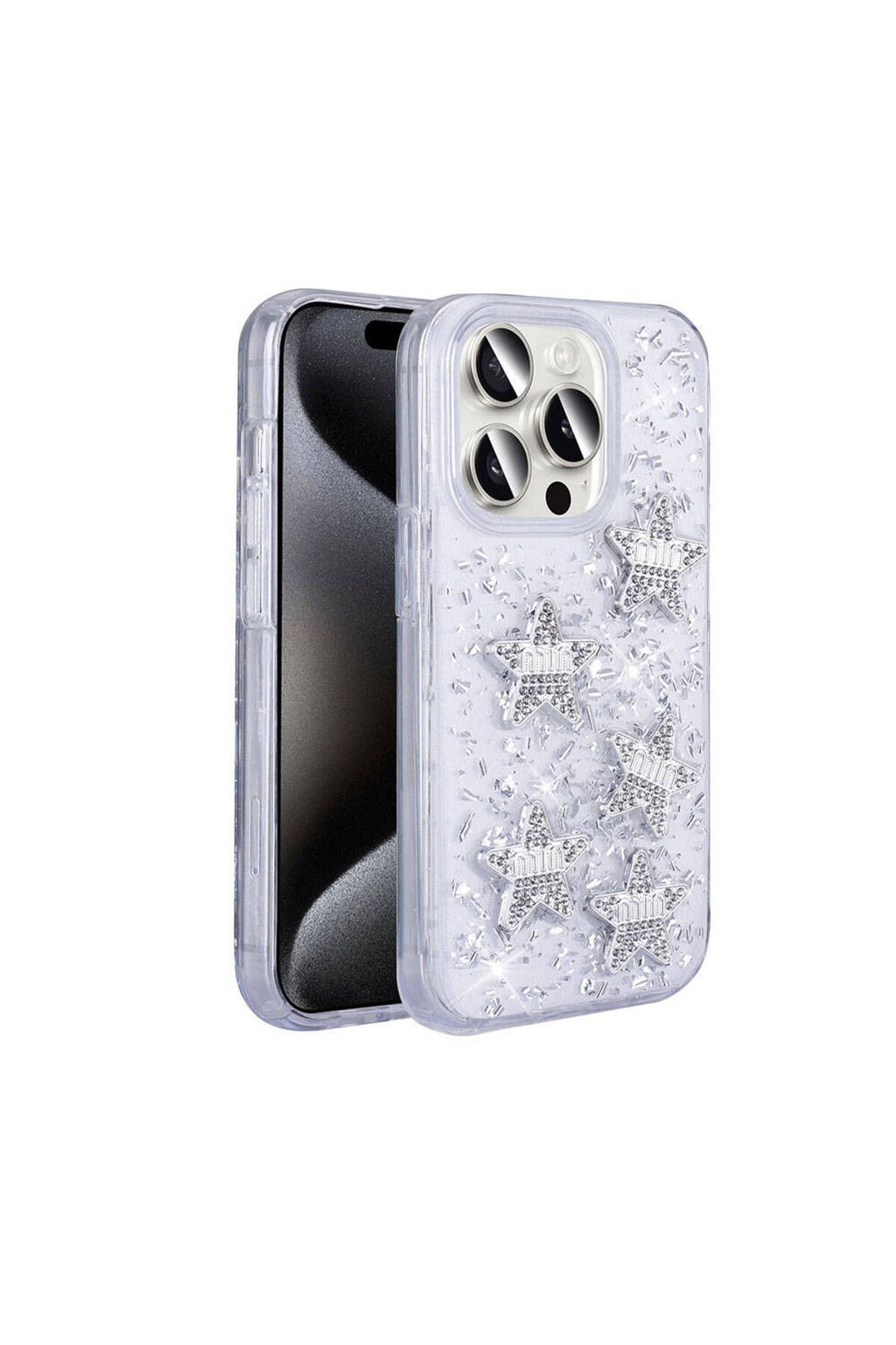 iPhone 15 Pro Max Uyumlu ODC Kılıf Airbagli Simli Arka Yüzey Zore Işıltı Silikon Kapak-Beyaz-Yıldız