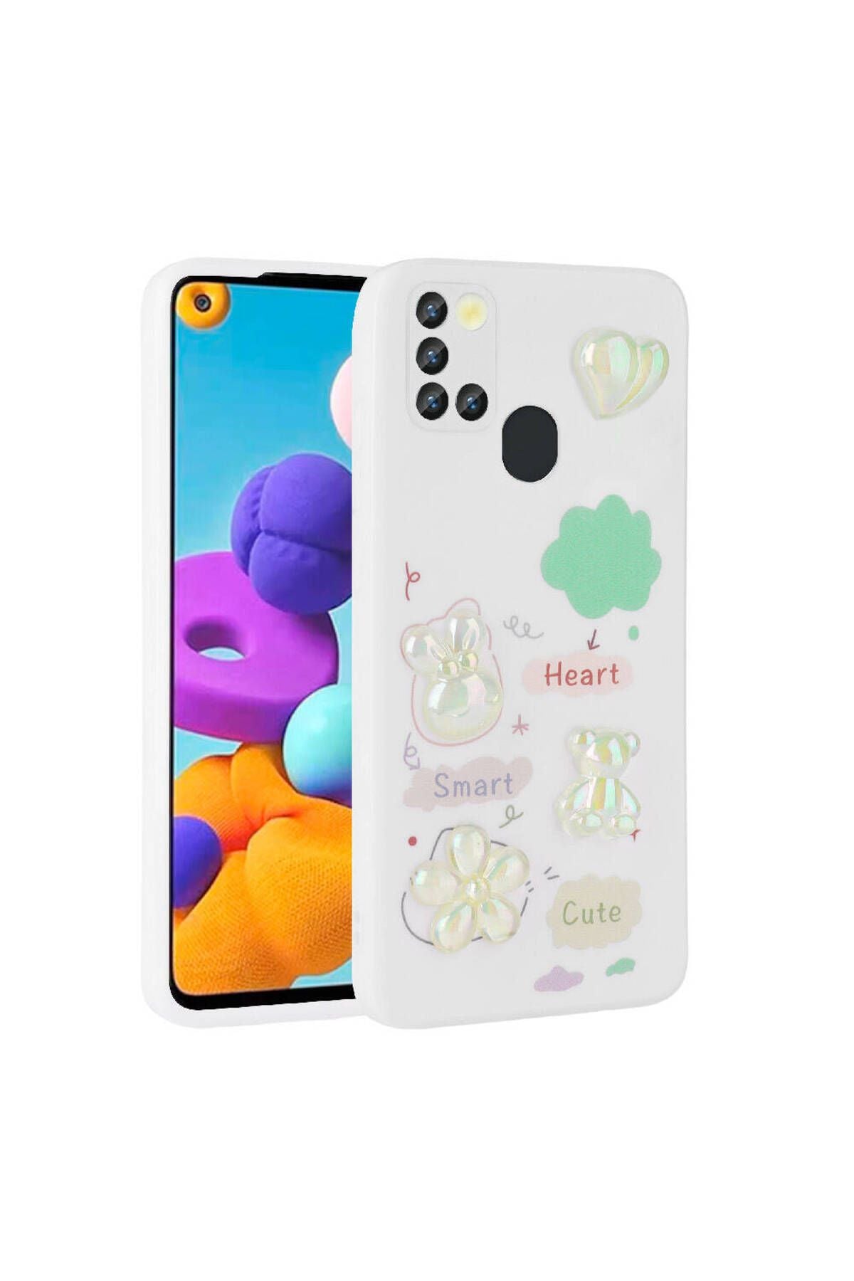 Galaxy A21S Kılıf Kabartma Figürlü Parlak Zore Toys Silikon Kapak - Beyaz