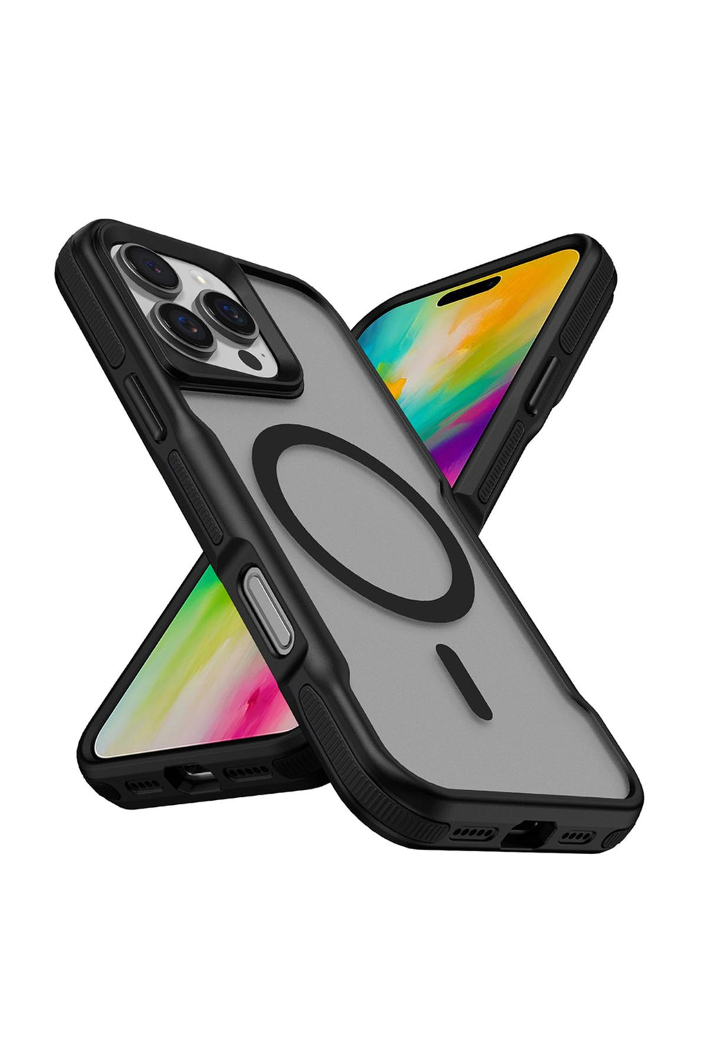 iPhone 16 Pro Uyumlu Magsafe Şarj Özellikli Renkli Kenar Airbag Şeritli Zore Lamer Kapak-Siyah