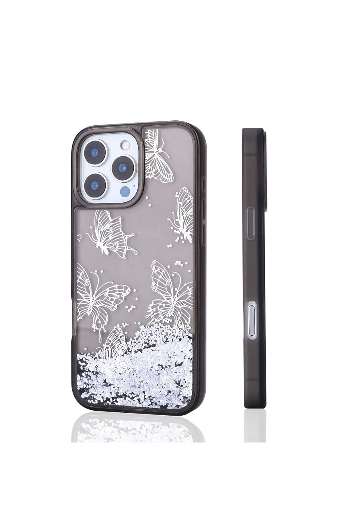 iPhone 16 Pro Max Kılıf Sıvılı Simli Kelebek Baskılı Şeffaf Arka Yüzey Zore Glis Silikon Kapak - Siy