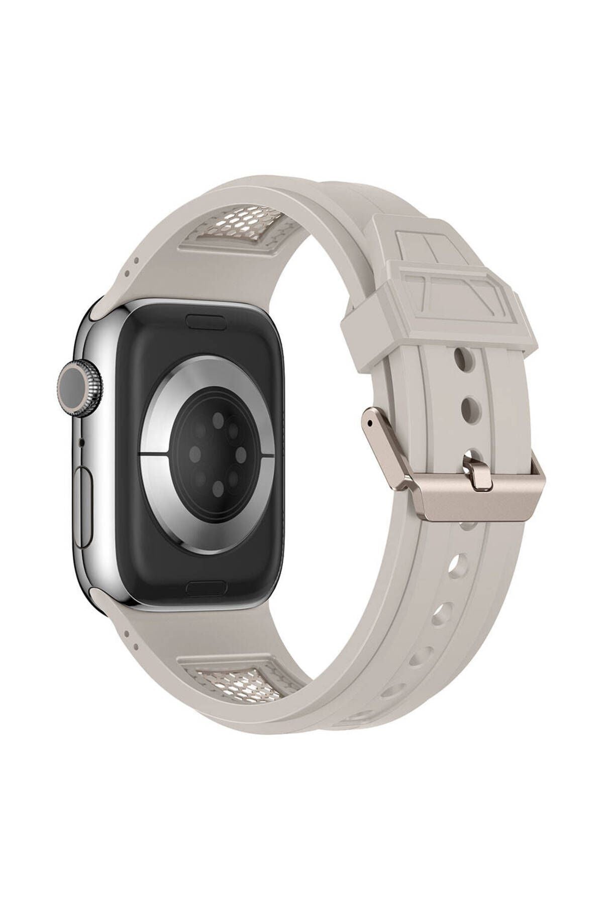 Apple Watch 42mm Zore KRD-117 Hava Alabilen Delikli Metal Süslemeli Desenli Silikon Kordon-Titanyum-