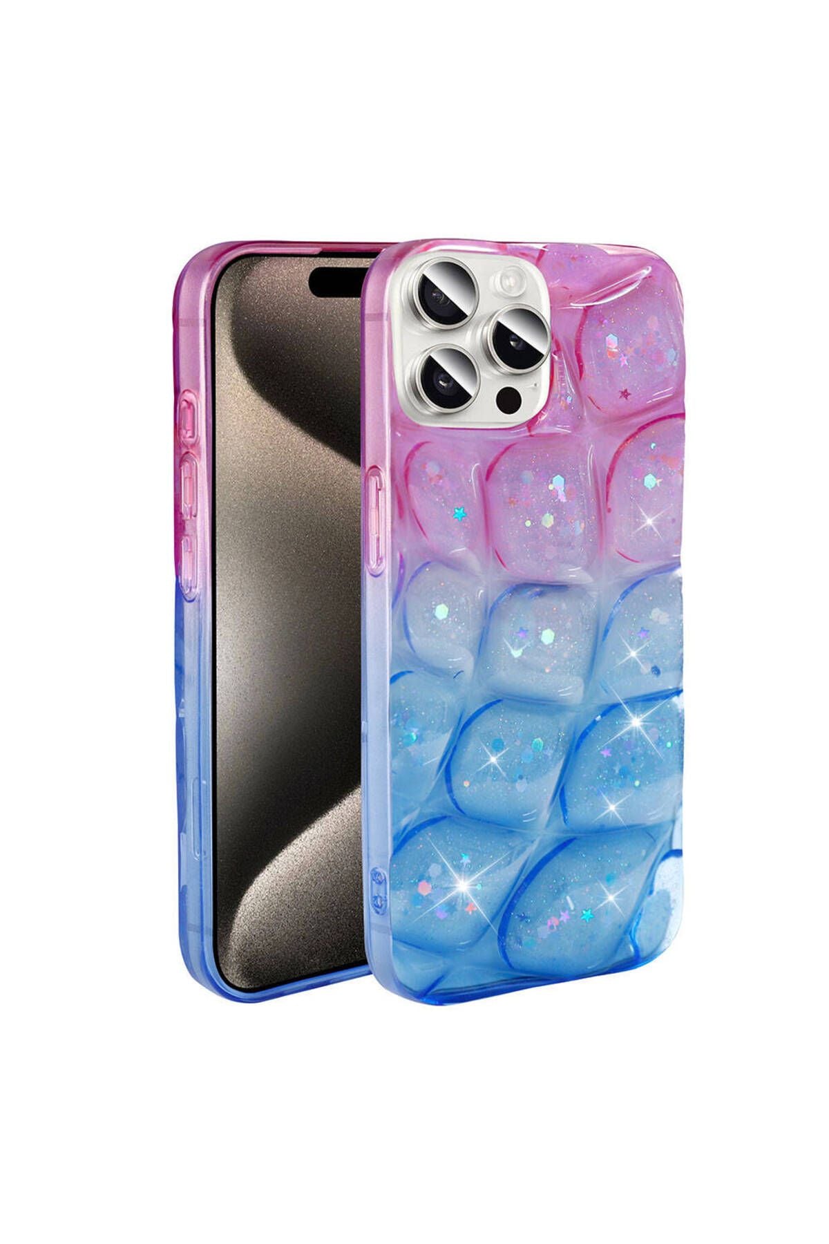 iPhone 15 Pro Max Uyumlu ODC Kılıf Simli 3D Desenli Zore Hacar Kapak-Pembe-Mor