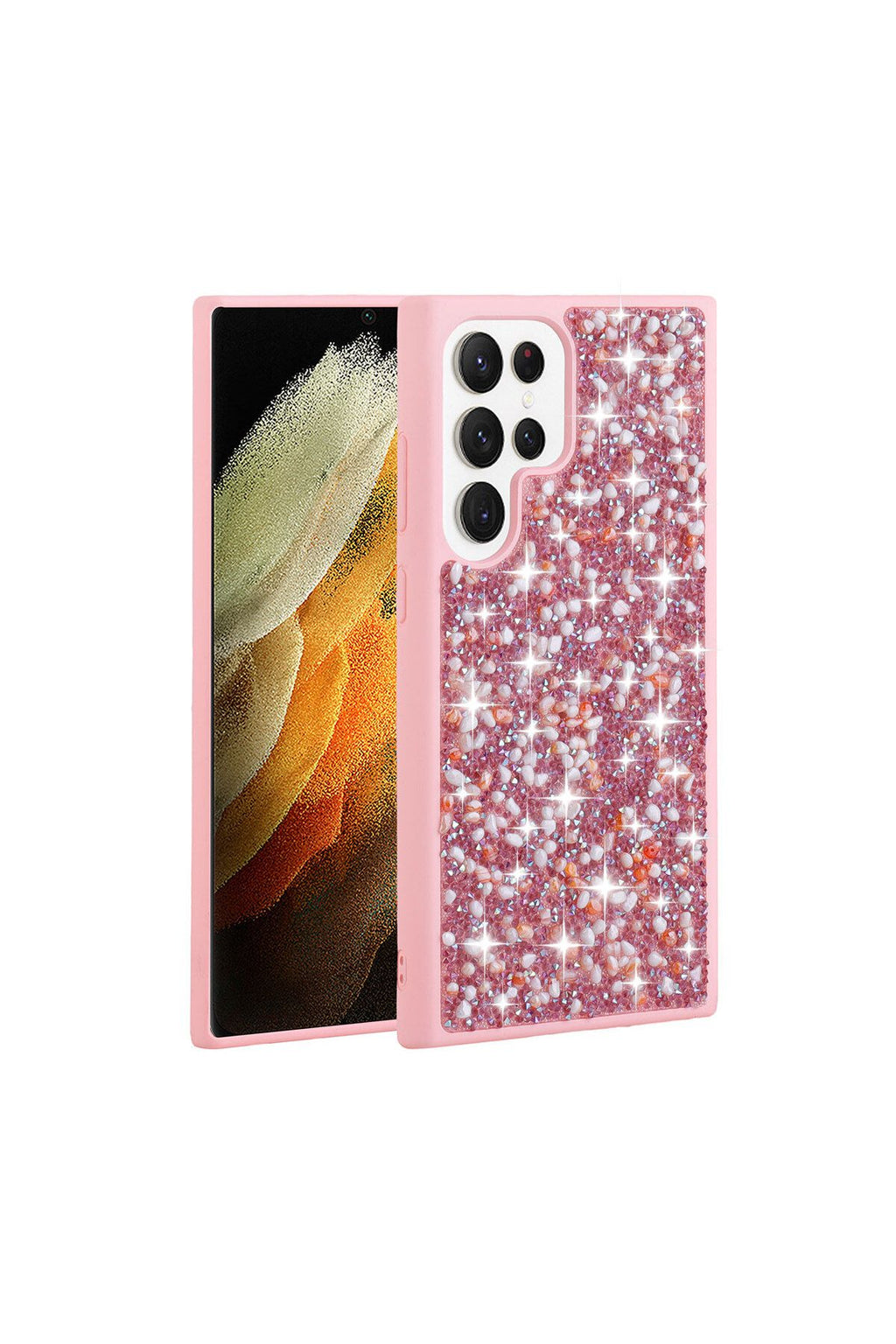 Galaxy S23 Ultra Uyumlu Parlak Taşlı Tasarım BRT Linea Kılıf-Pembe