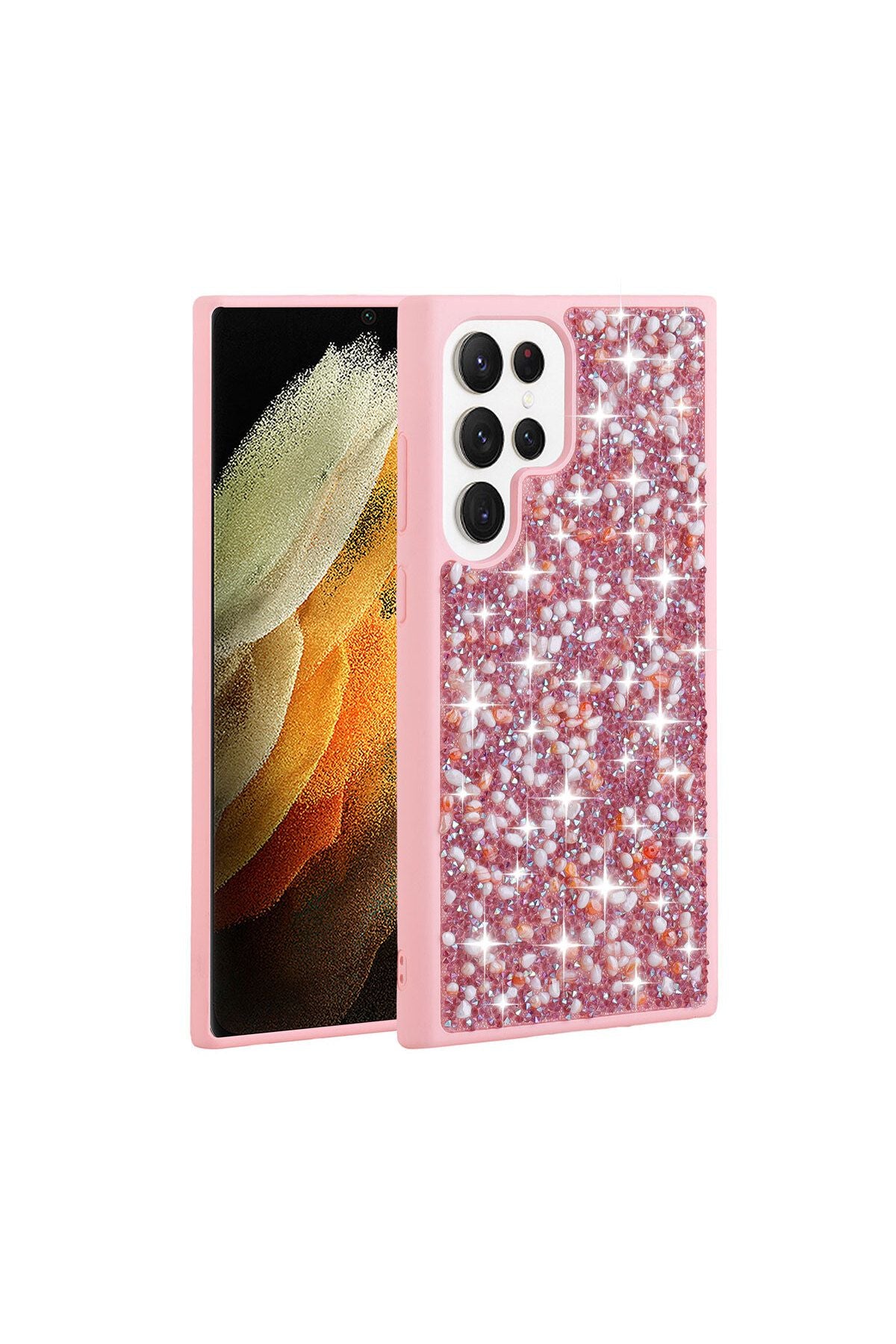 Galaxy S23 Ultra Uyumlu Parlak Taşlı Tasarım BRT Linea Kılıf-Pembe