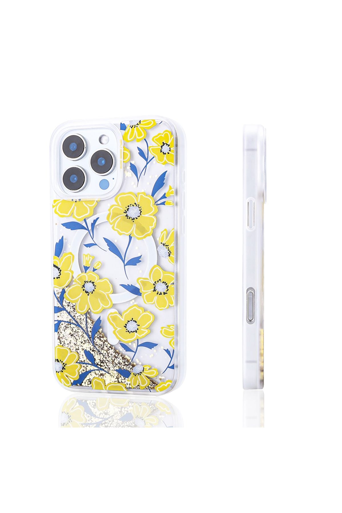 iPhone 15 Pro Max Kılıf Sıvılı Simli Baskılı Şeffaf Arka Yüzey Zore Mossa Silikon Kapak - Gold