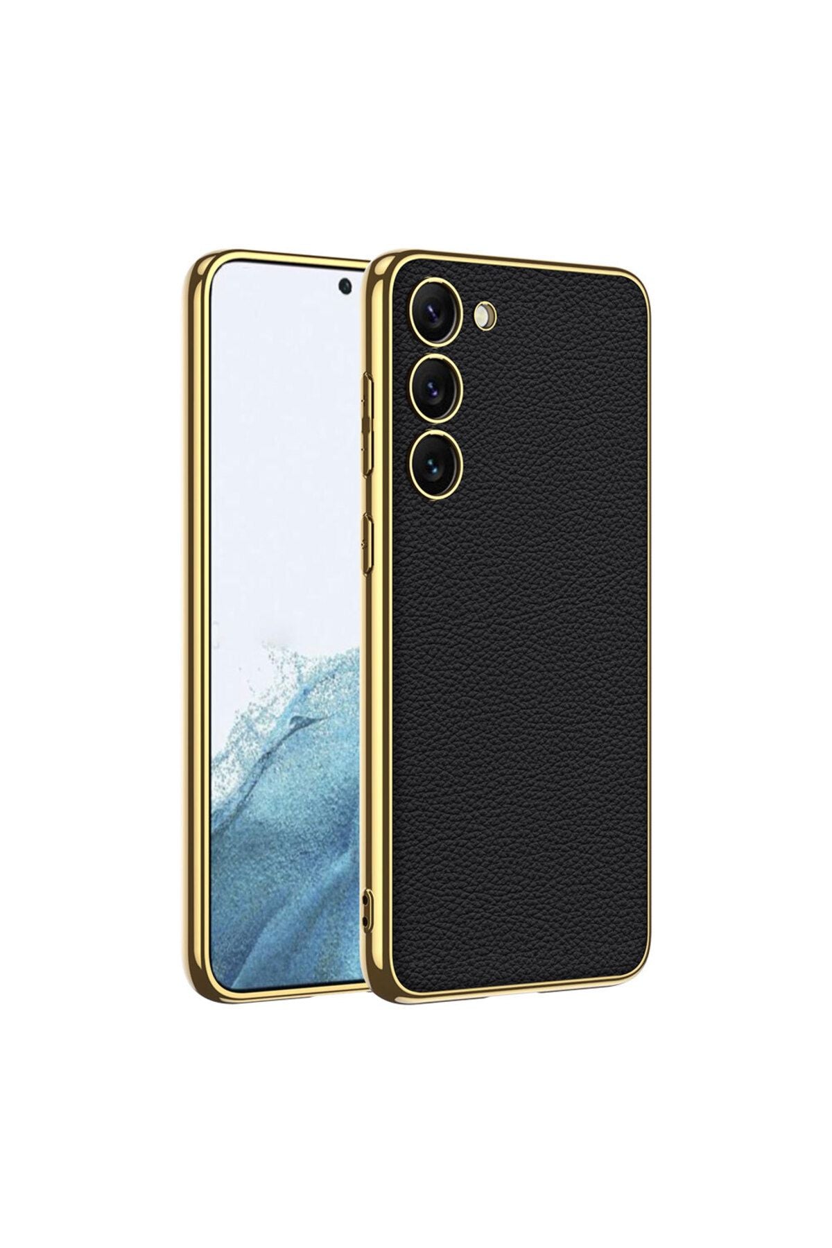 Galaxy S23 Uyumlu Deri Görünümlü Kenarları Elektroplating Kaplama Zore Fizyon Kılıf-Siyah