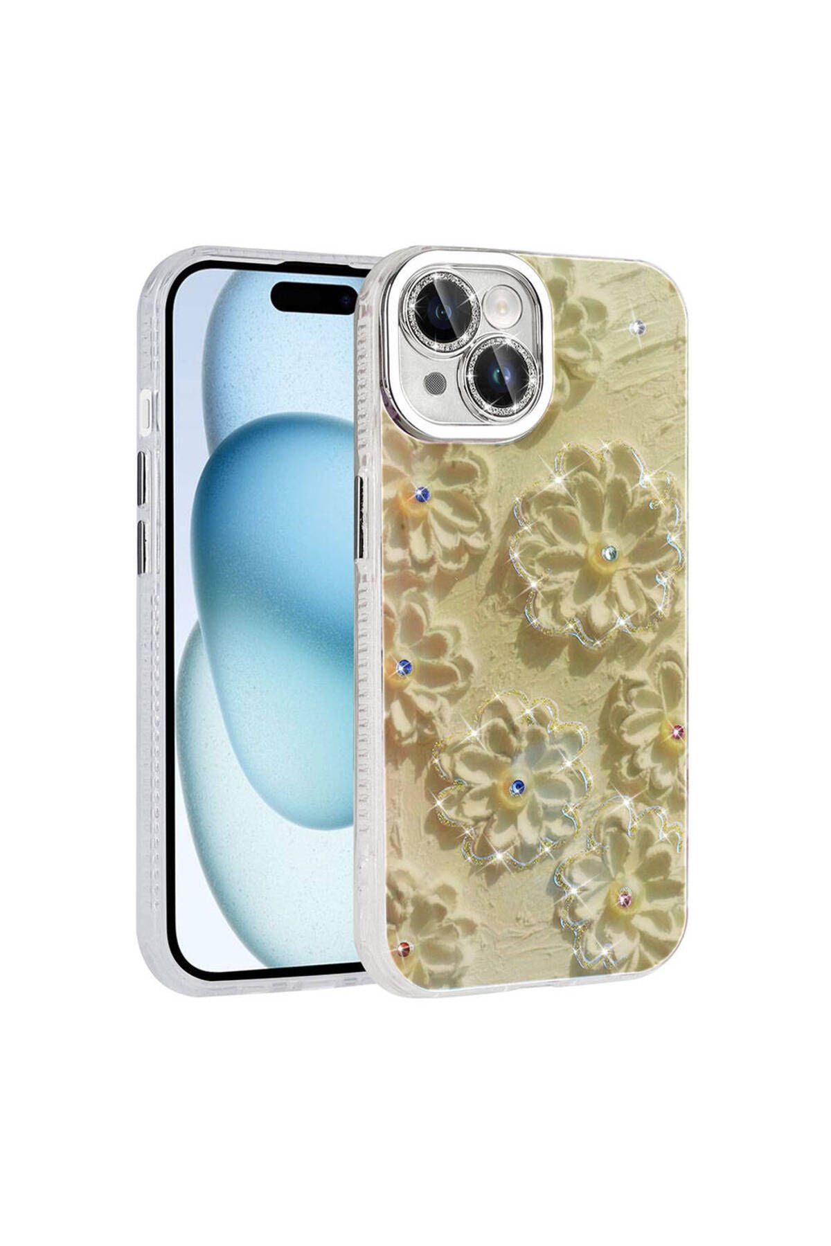iPhone 15 Kılıf Çiçek Desenli Parlak Taşlı Sert Silikon Zore Garden Kapak - Beyaz