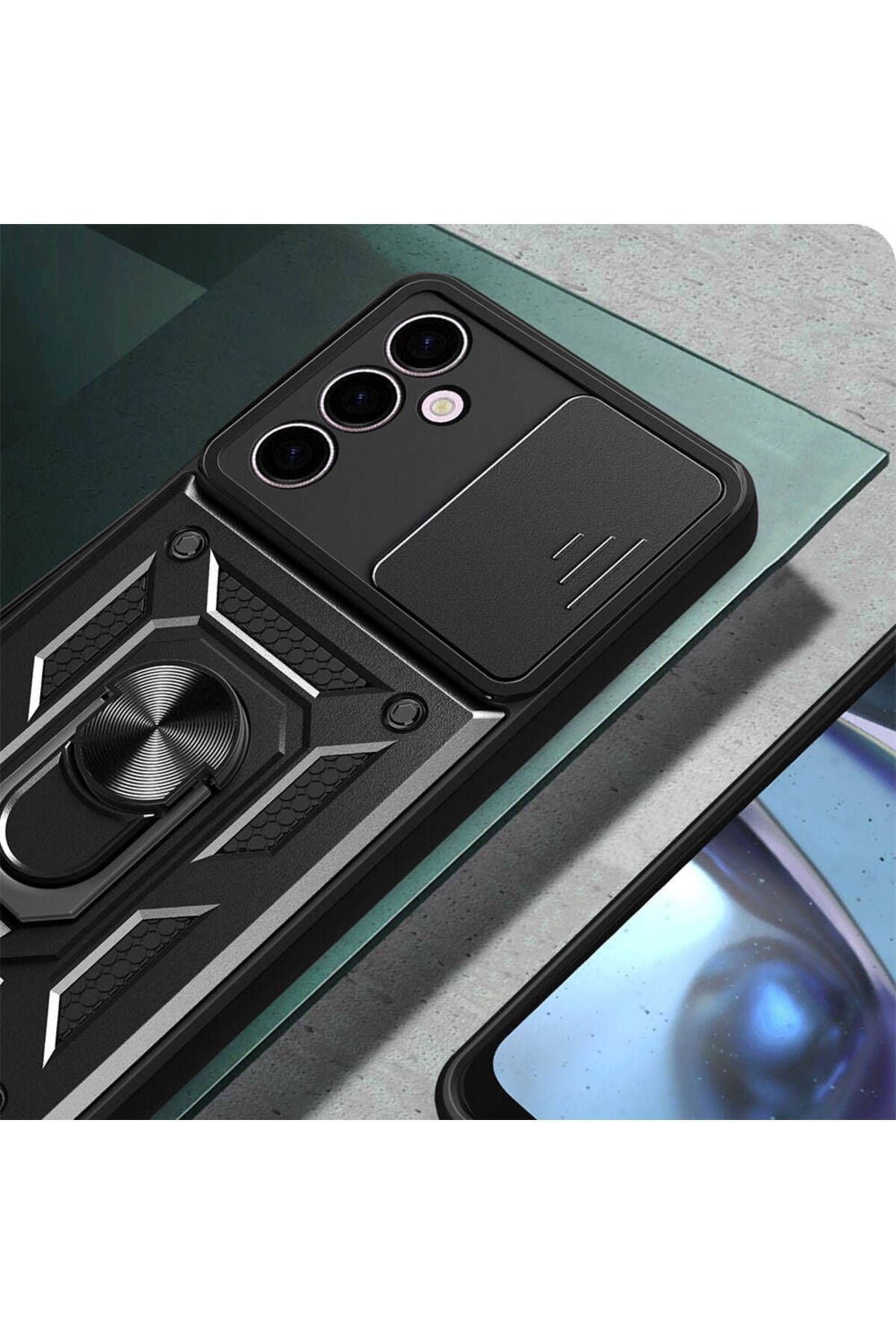 Galaxy A24 Kılıf Magnetik Standlı Kamera Korumalı Zore Sürgülü Vega Kapak - Mavi