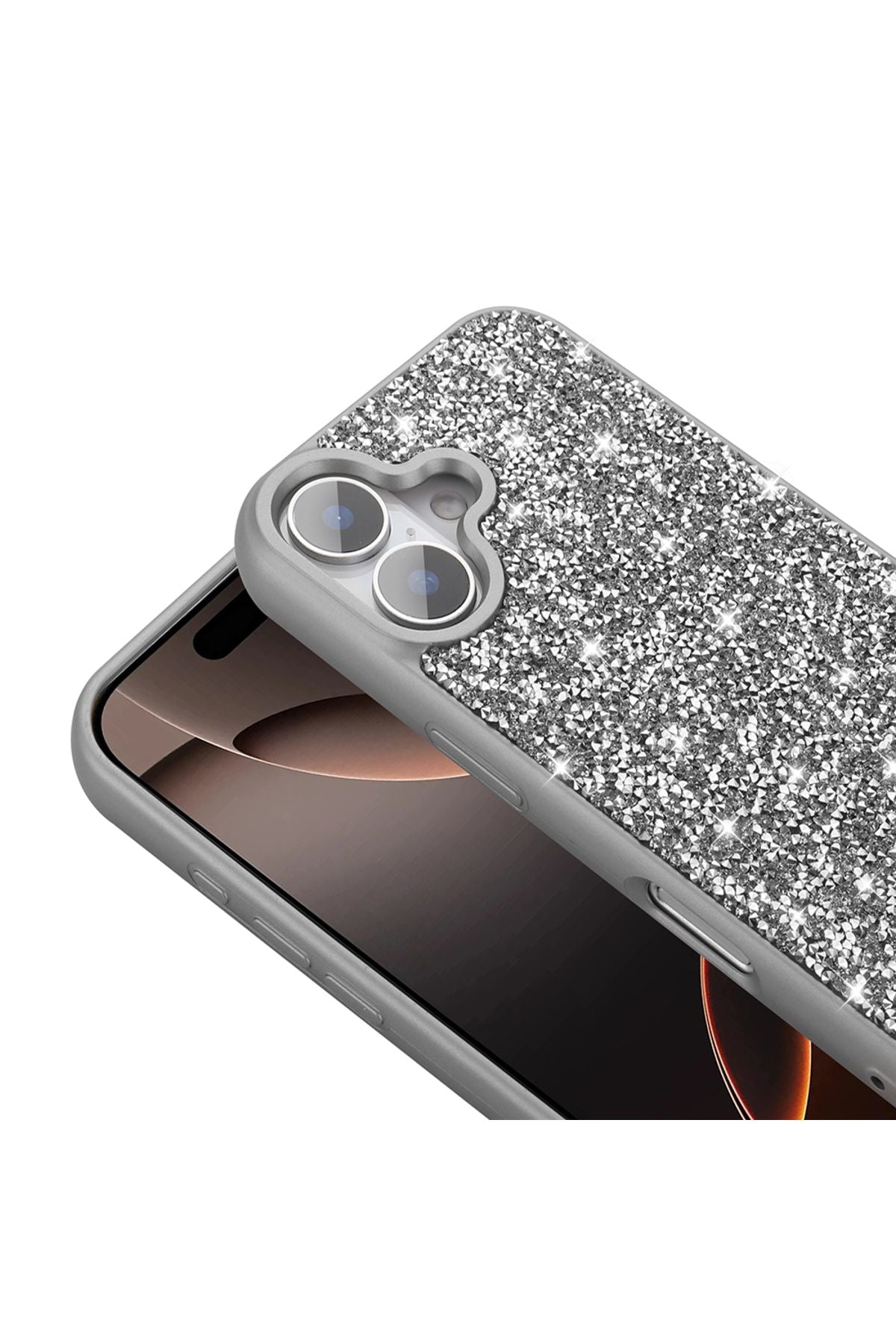 iPhone 16 Kılıf Parlak Taşlı Tasarım Zore Pırlanta Kapak - Gri