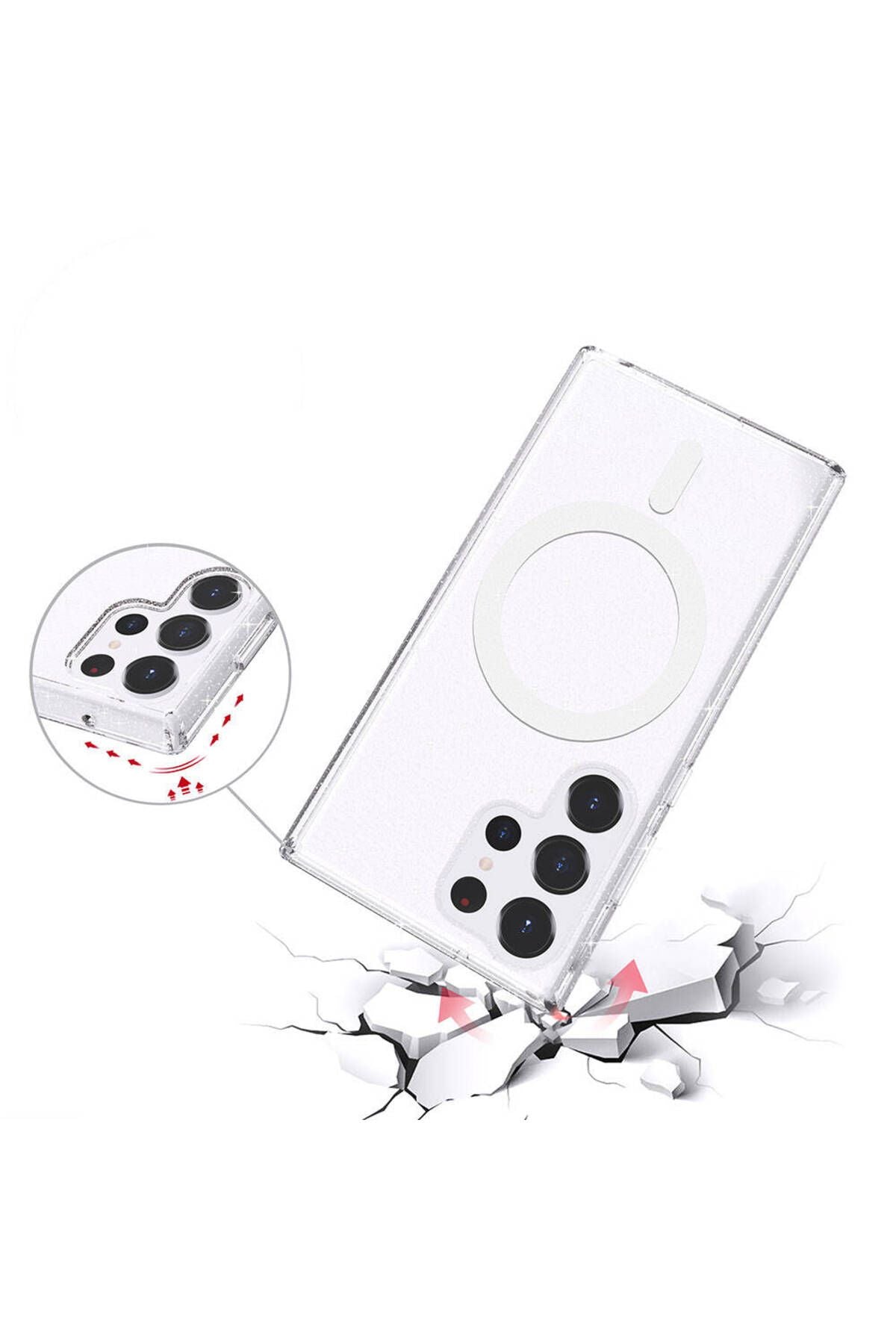 Galaxy S23 Ultra Kılıf Magsafe Şarj Özellikli Parlayan Simli Saydam Renkli Zore Allstar Kapak - Pemb