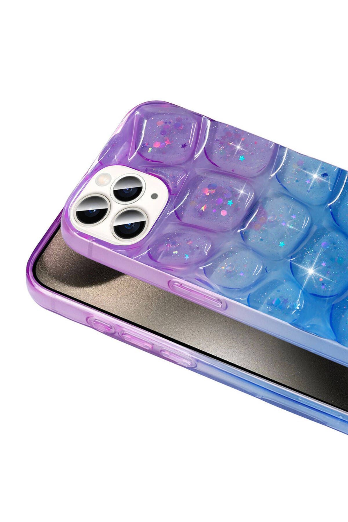 iPhone 15 Pro Max Uyumlu CKL Kılıf Simli 3D Desenli Zore Hacar Kapak-Mor-Mavi