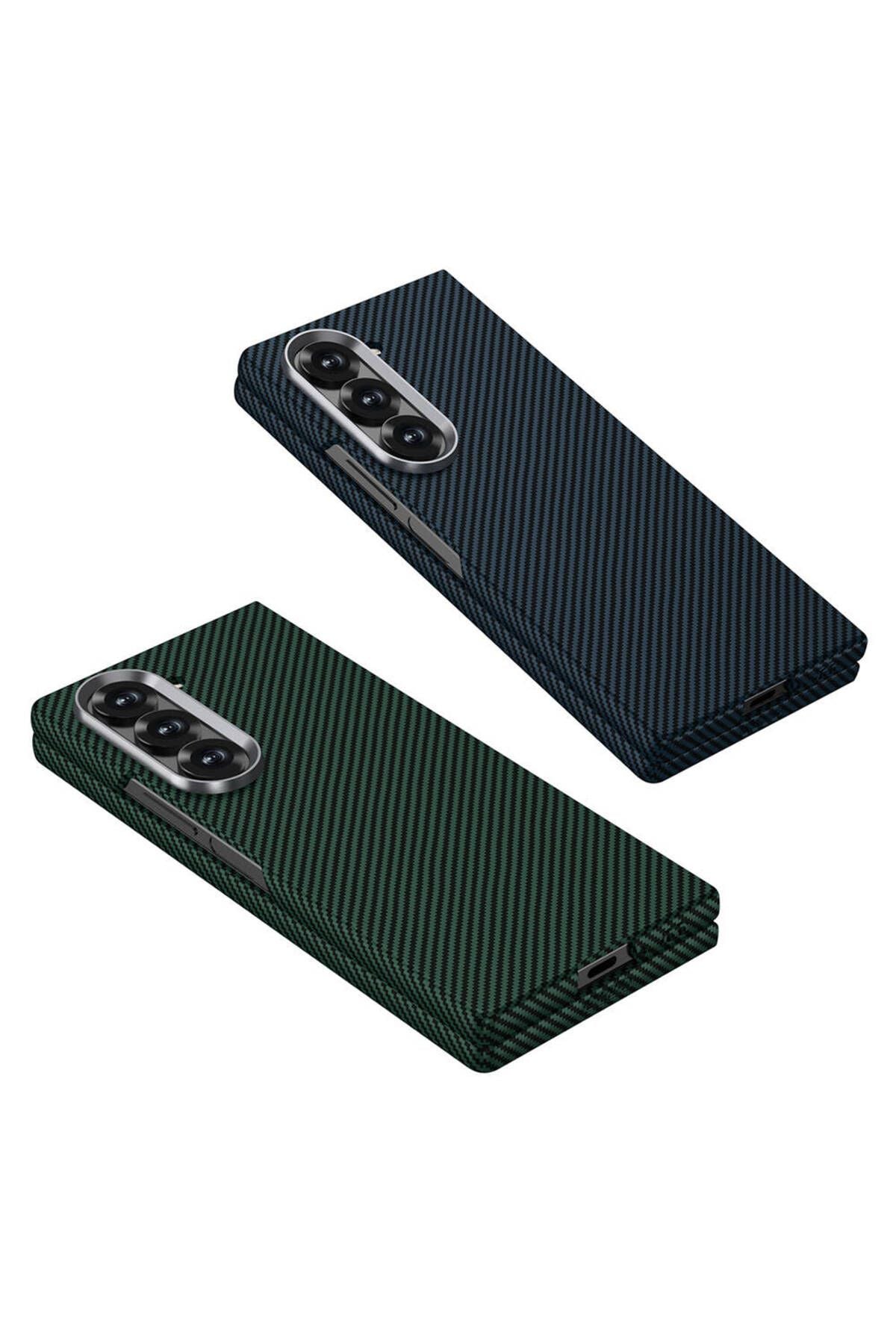 Galaxy Z Fold 6 Uyumlu Kamera Korumalı Karbon Fiber Tasarımlı Arka Yüzey Zore Kıpta Karbon Kapak