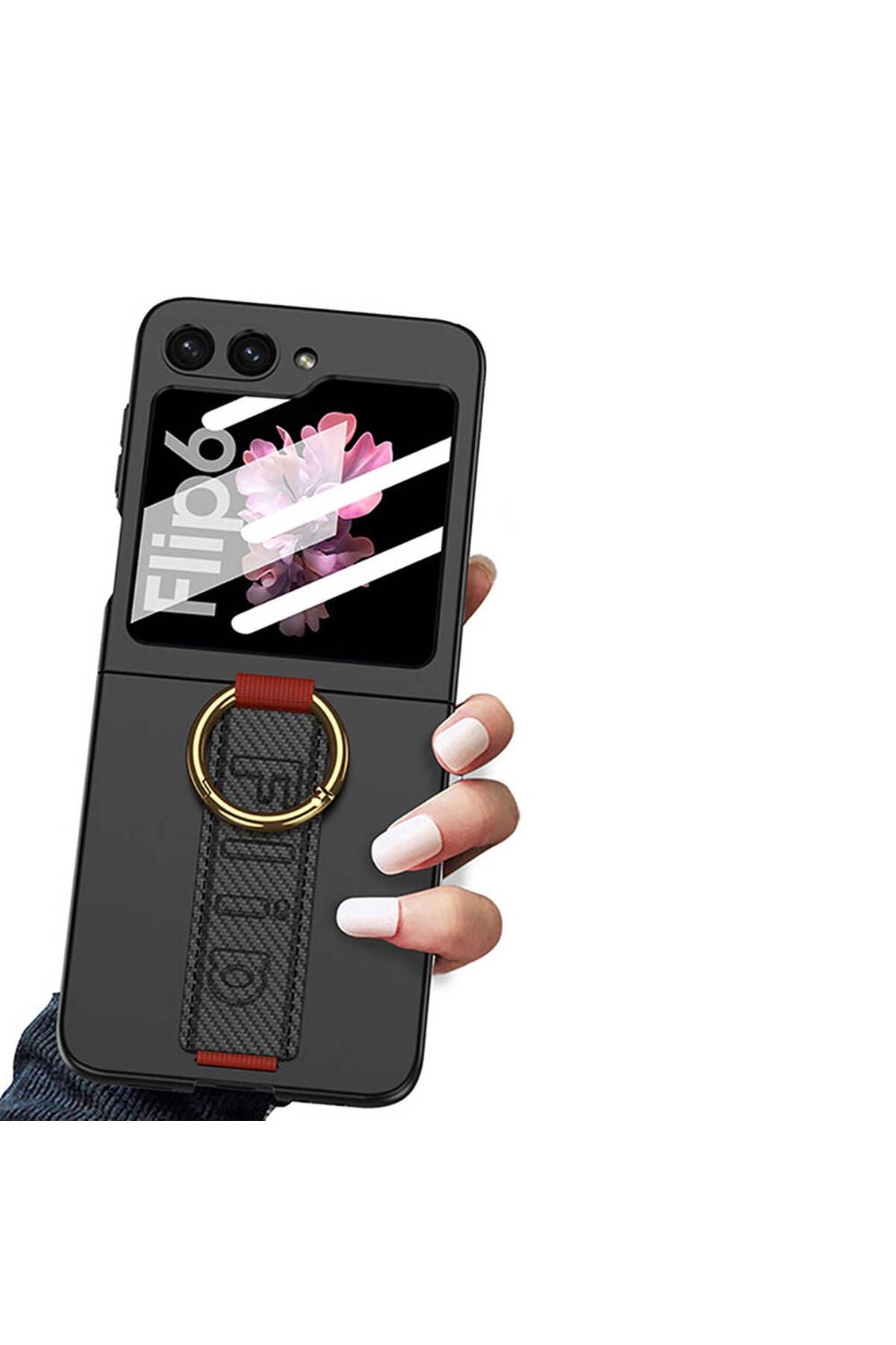 Galaxy Z Flip 6 Kılıf Kamera Korumalı Yüzüklü Karbon Tasarımlı Zore Flip Ring Kıpta Kapak-Gri-Yeşil