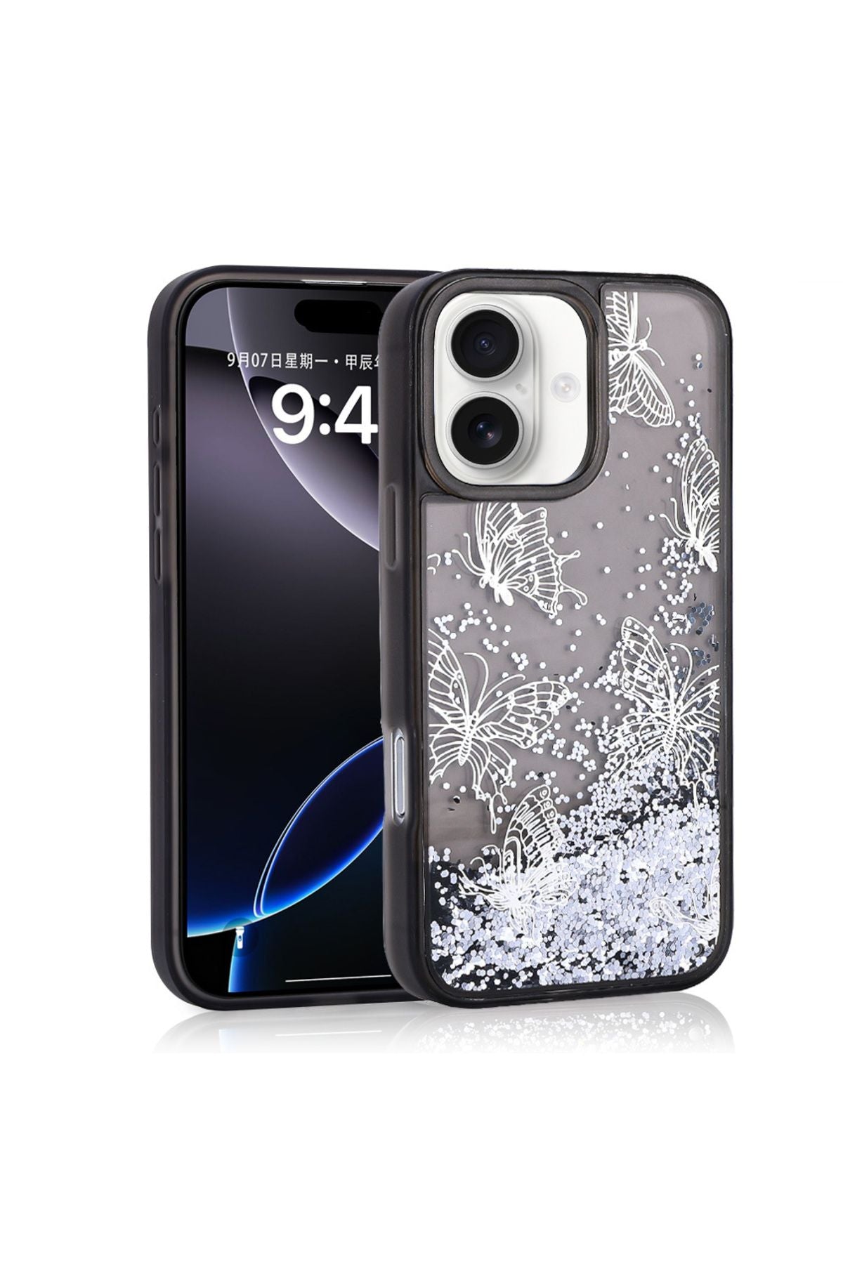 iPhone 16 Kılıf Sıvılı Simli Kelebek Baskılı Şeffaf Arka Yüzey Zore Glis Silikon Kapak - Siyah