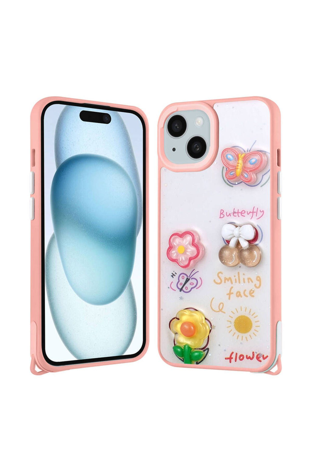 iPhone 15 Kılıf Parlayan Simli Kabartma Figürlü Zore Cevze Kapak - Beyaz