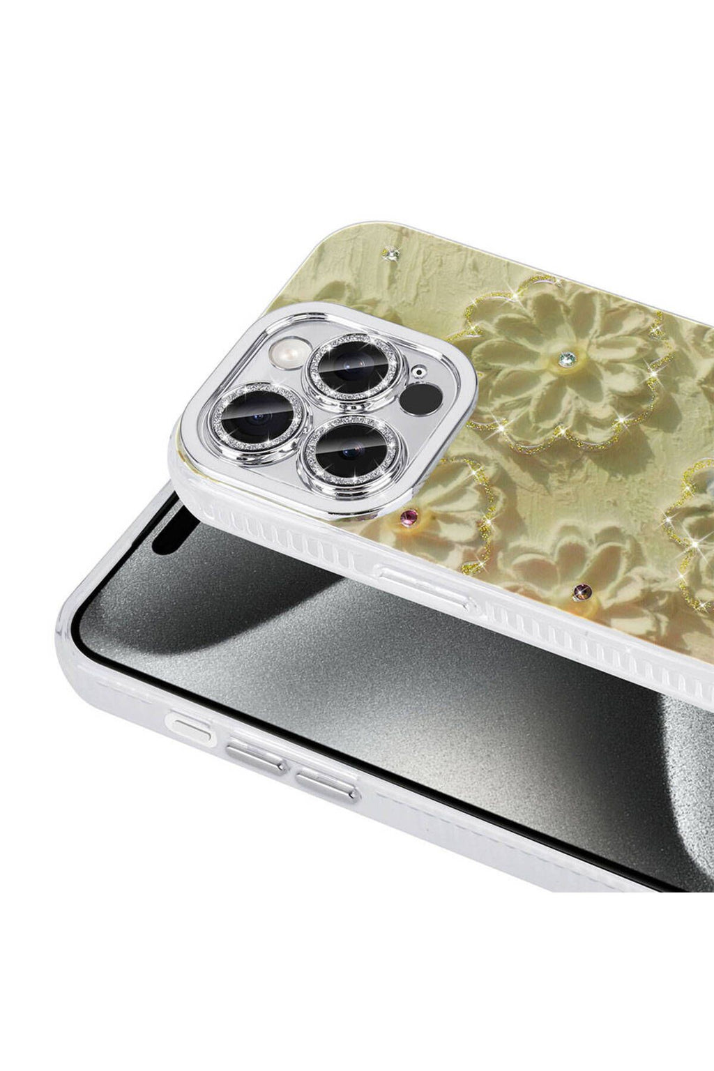 iPhone 15 Pro Kılıf Çiçek Desenli Parlak Taşlı Sert Silikon Zore Garden Kapak - Mavi