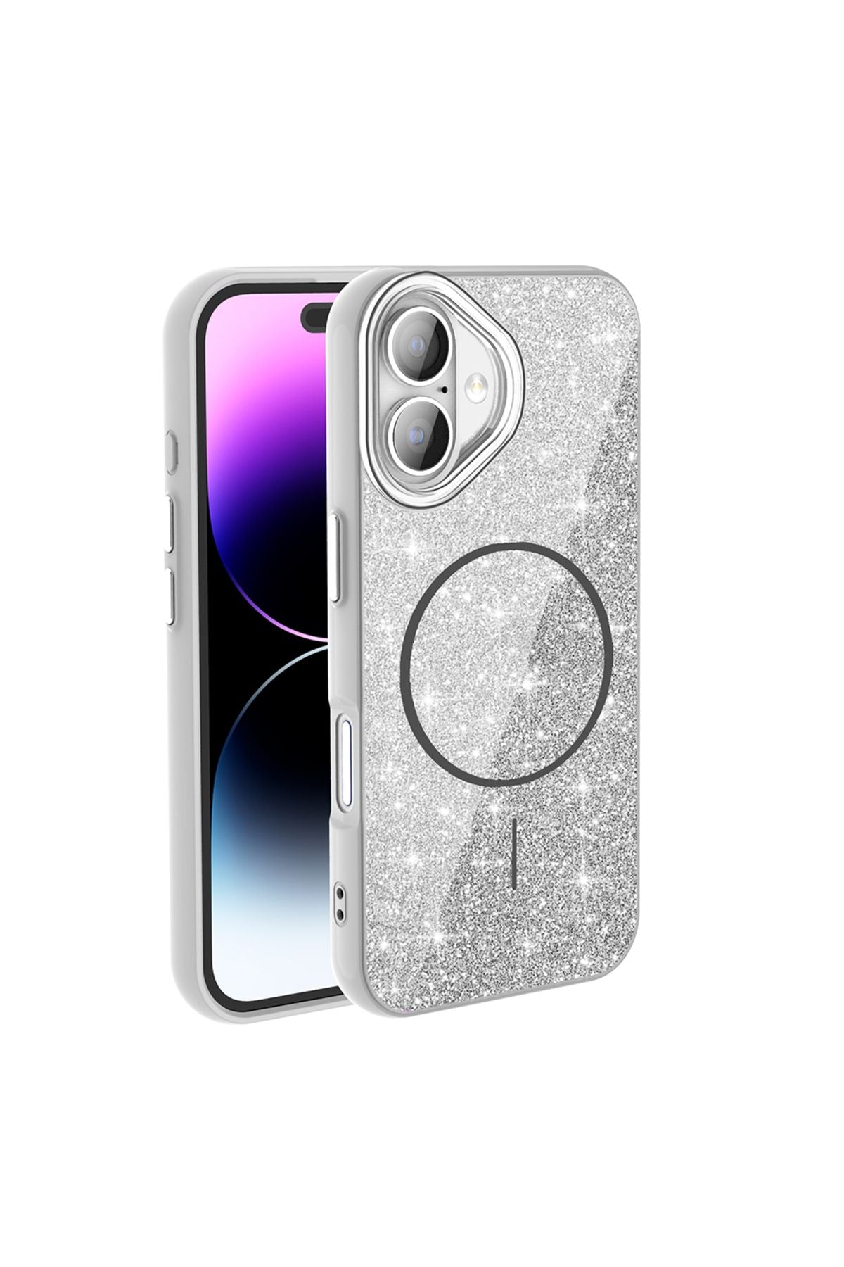 iPhone 16 Plus Kılıf Magsafe Şarj Özellikli Parlayan Simli TQR Okso Kapak - Pembe