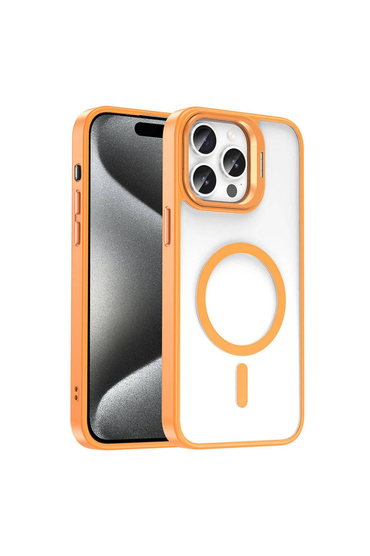 iPhone 15 Pro Kılıf Magsafe Şarj Özellikli Standlı Zore Magsafe Klon Lensli Kapak - Turuncu