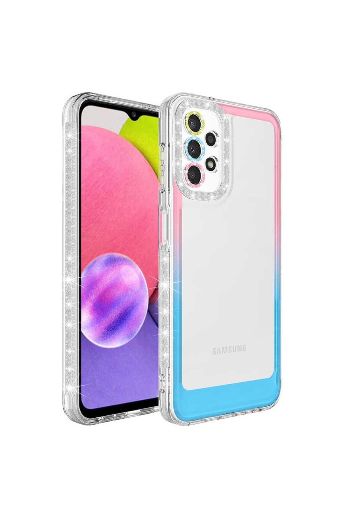 Galaxy A32 4G Kılıf Simli ve Renk Geçiş Tasarımlı Lens Korumalı Zore Park Kapak - Pembe-Mavi