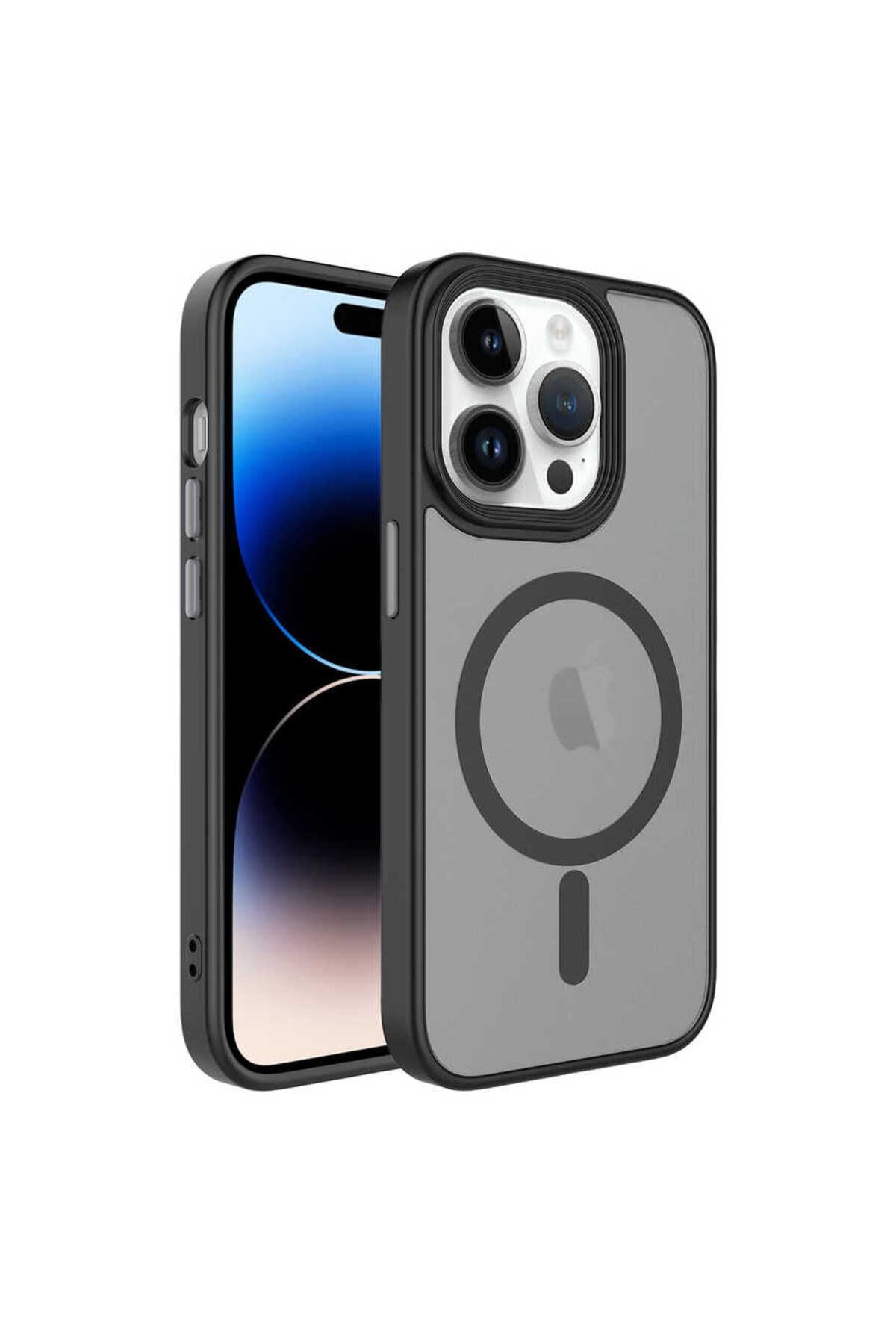 iPhone 14 Pro Uyumlu Mat Arka Yüzey Wireless Şarj Özellikli Zore Flet Magsafe Kılıf-Siyah